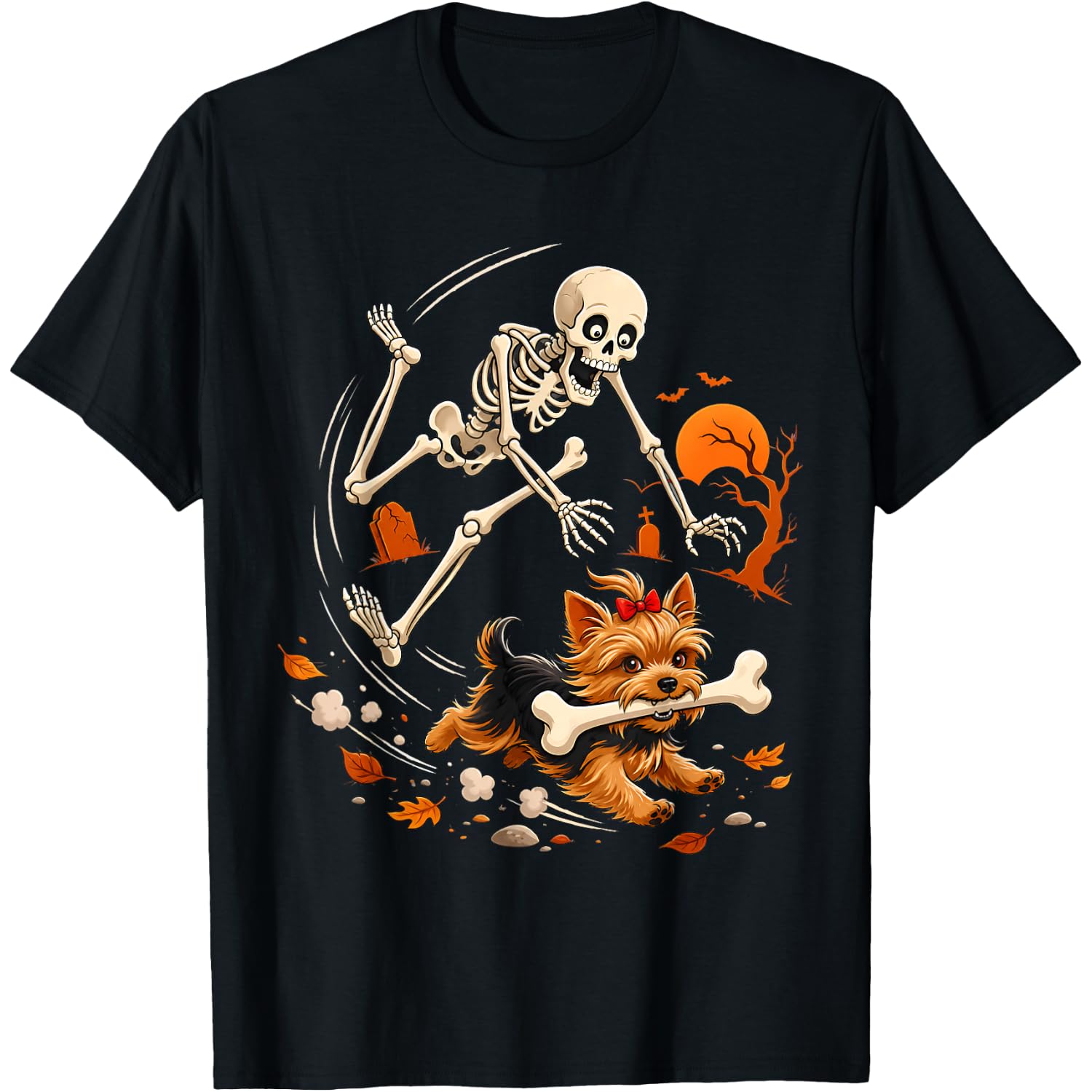 Skeleton Dog Yorkie Spooky Halloween Skeleton Chasing Dog T-Shirt