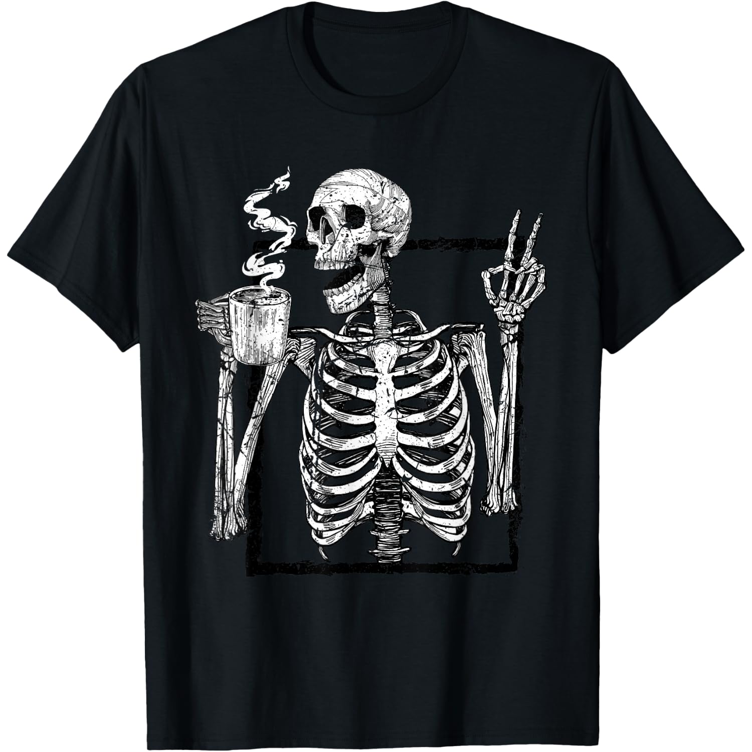 Skeleton Drinking Coffee Gothic Peace Sign Halloween Grunge T-Shirt