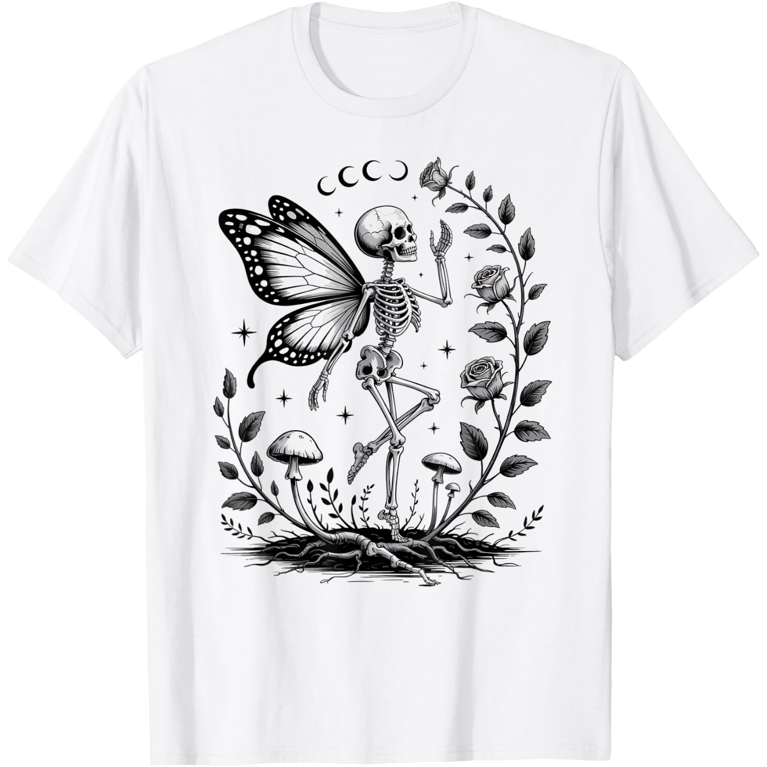 Skeleton Fairy with Roses Mushrooms and Moons T-Shirt