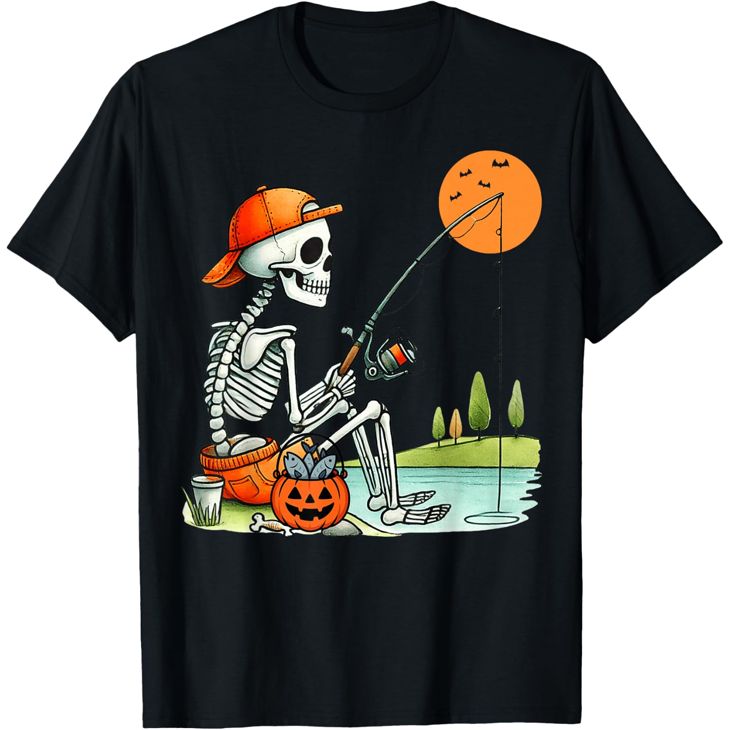 Skeleton Fishing Halloween Costume Funny Fishing Boys Kids T-Shirt