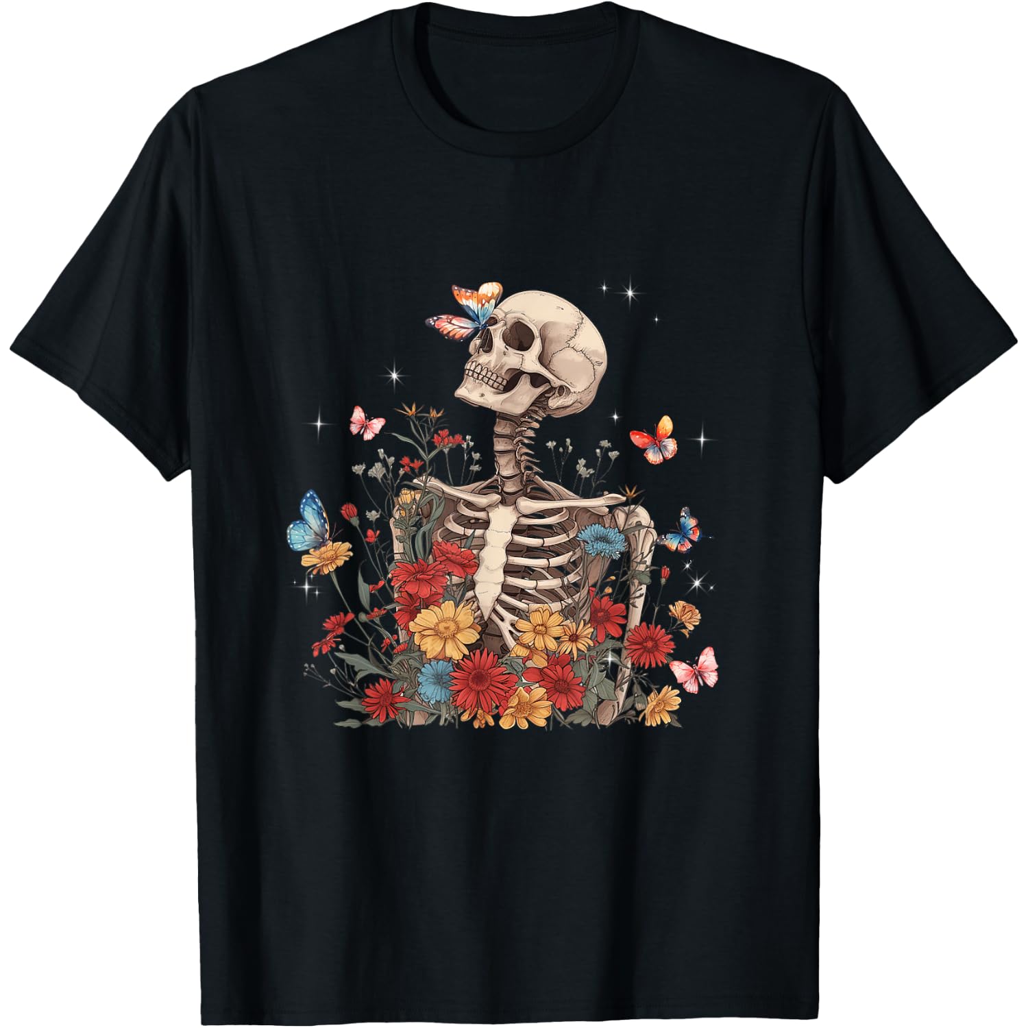 Skeleton Flowers Butterfly Floral Halloween Men Women T-Shirt