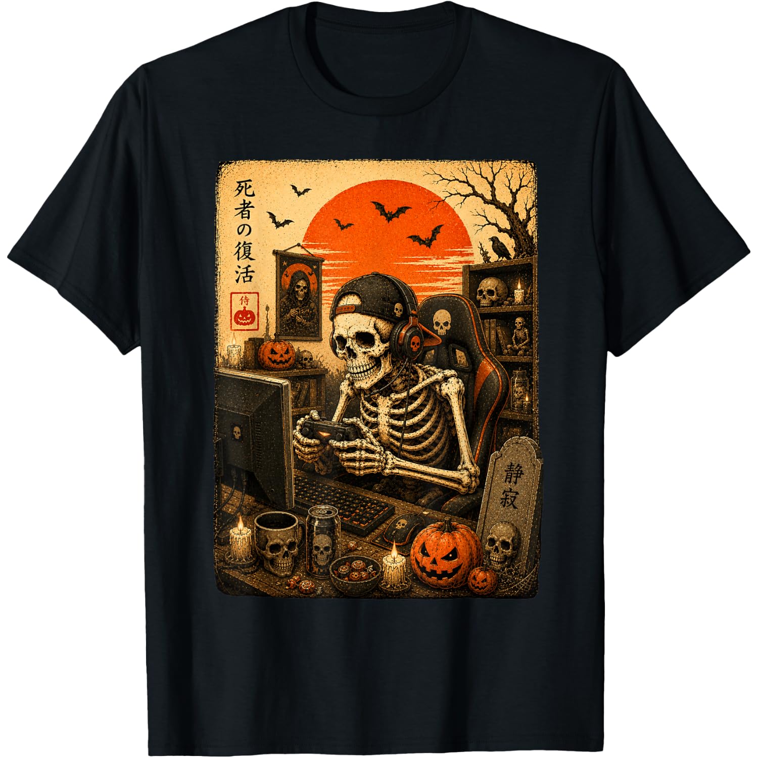 Skeleton Gamer Halloween Vintage Japanese Video Gaming Men T-Shirt