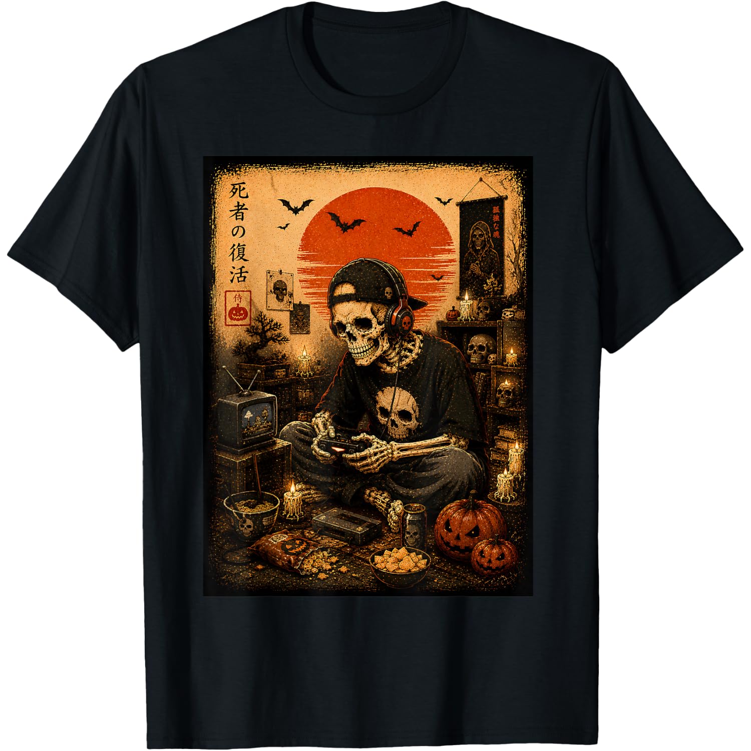 Skeleton Gamer Halloween Vintage Japanese Video Gaming Men T-Shirt