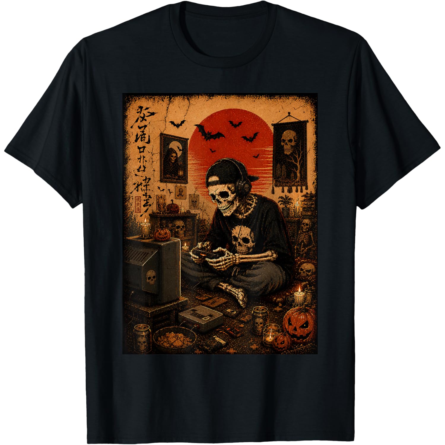 Skeleton Gamer Halloween Vintage Japanese Video Gaming Men T-Shirt