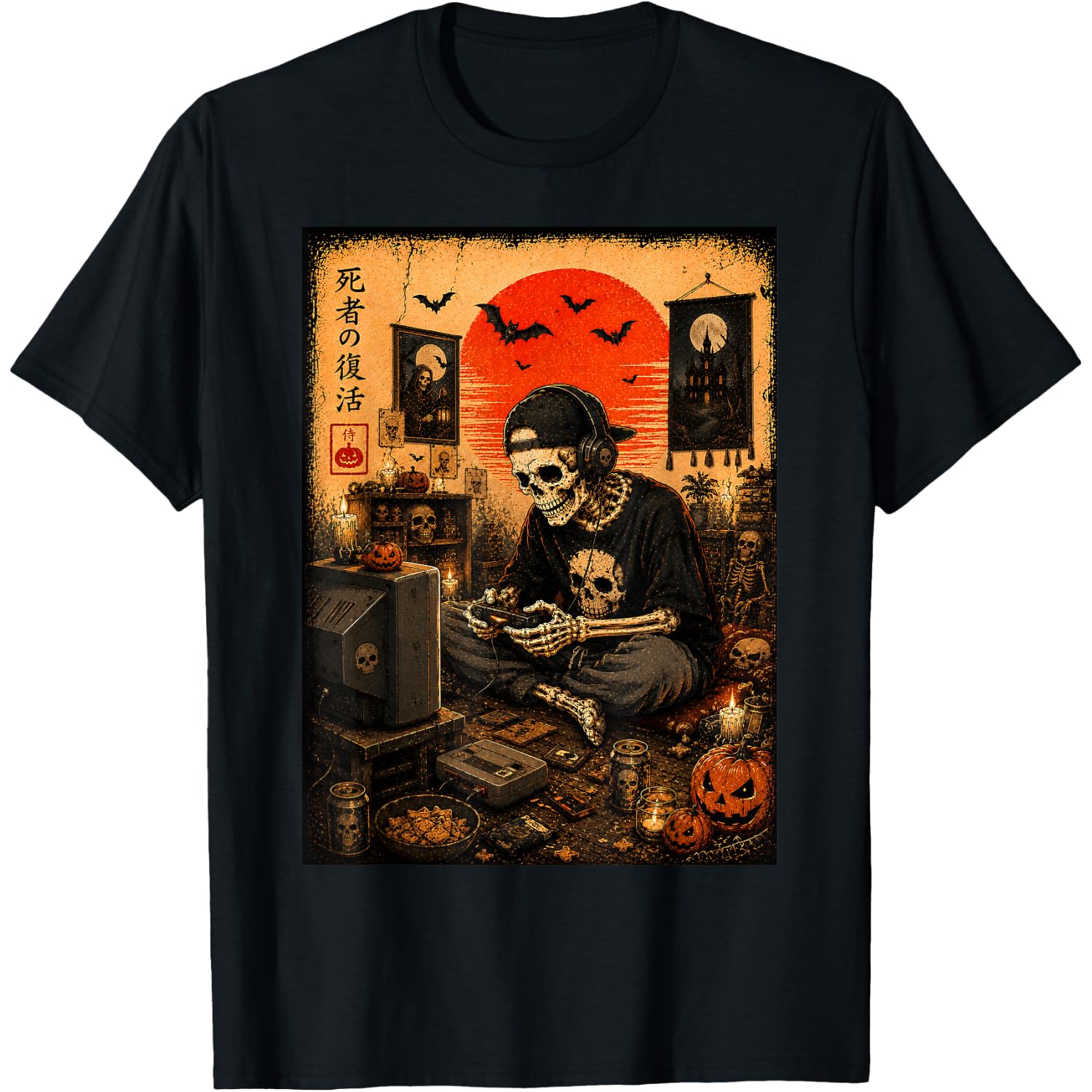Skeleton Gamer Halloween Vintage Japanese Video Gaming Men T-Shirt