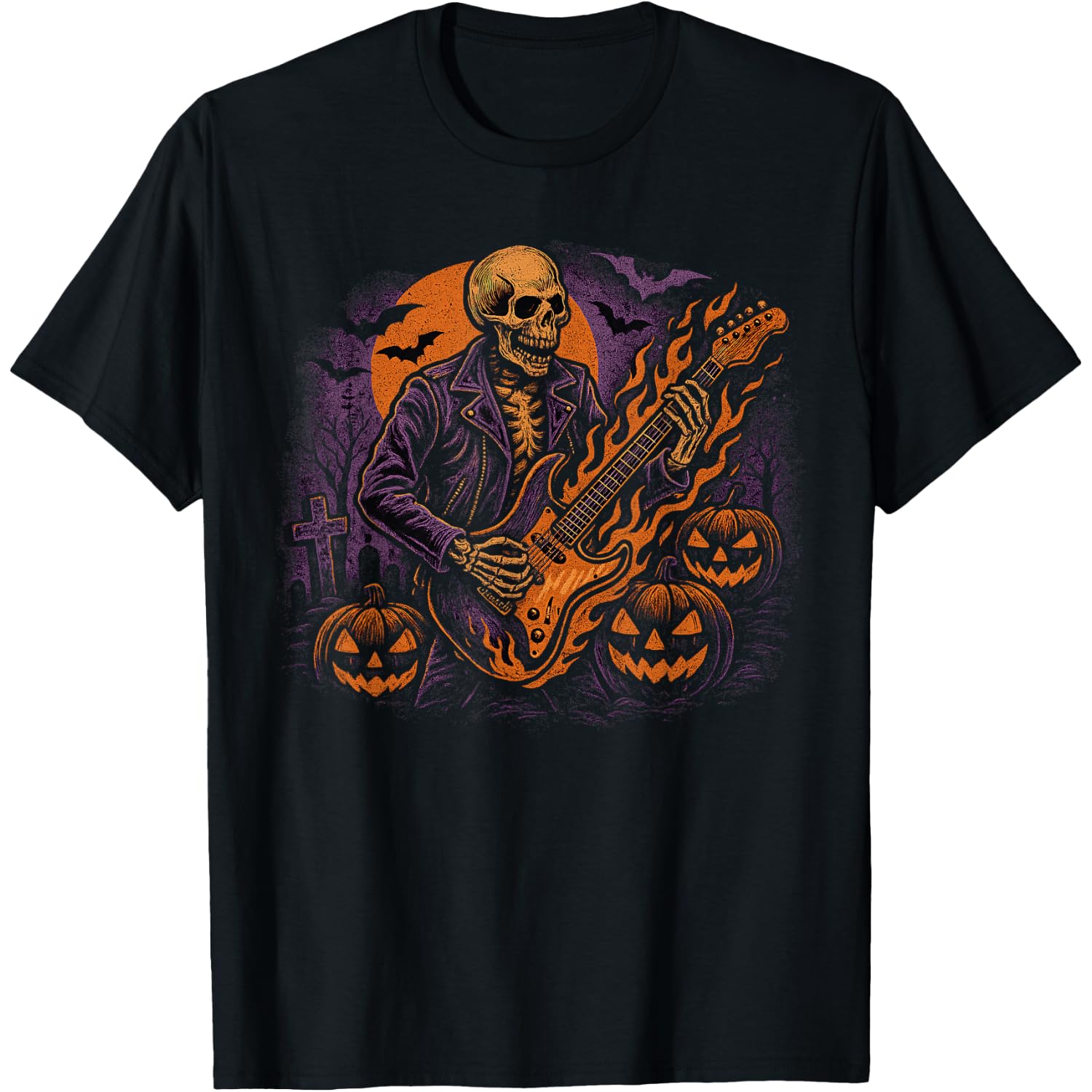 Skeleton Guitarist Halloween Night Haunted Rock Graveyard T-Shirt