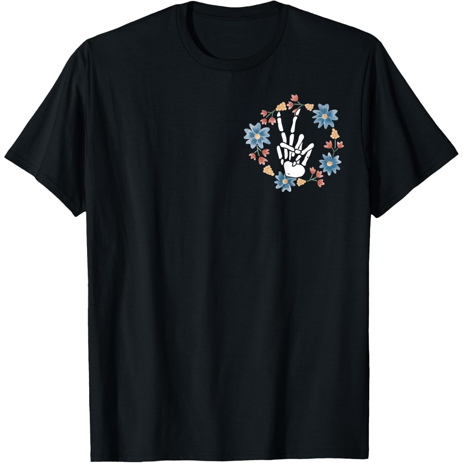 Skeleton Hand Peace Sign Bone Flowers T-Shirt