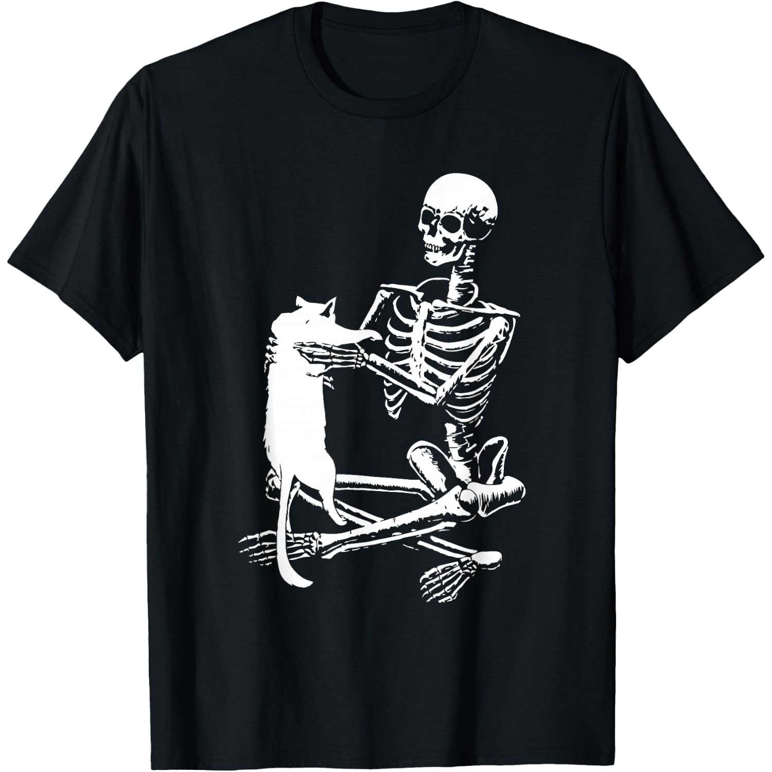 Skeleton Holding A Cat Shirt Lazy Halloween Costume Skull T-Shirt for Men Women Kids