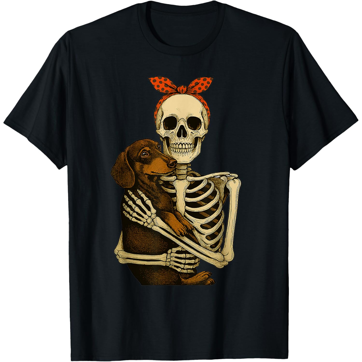 Skeleton Holding Dachshund Dog Funny Lazy Halloween Costume T-Shirt