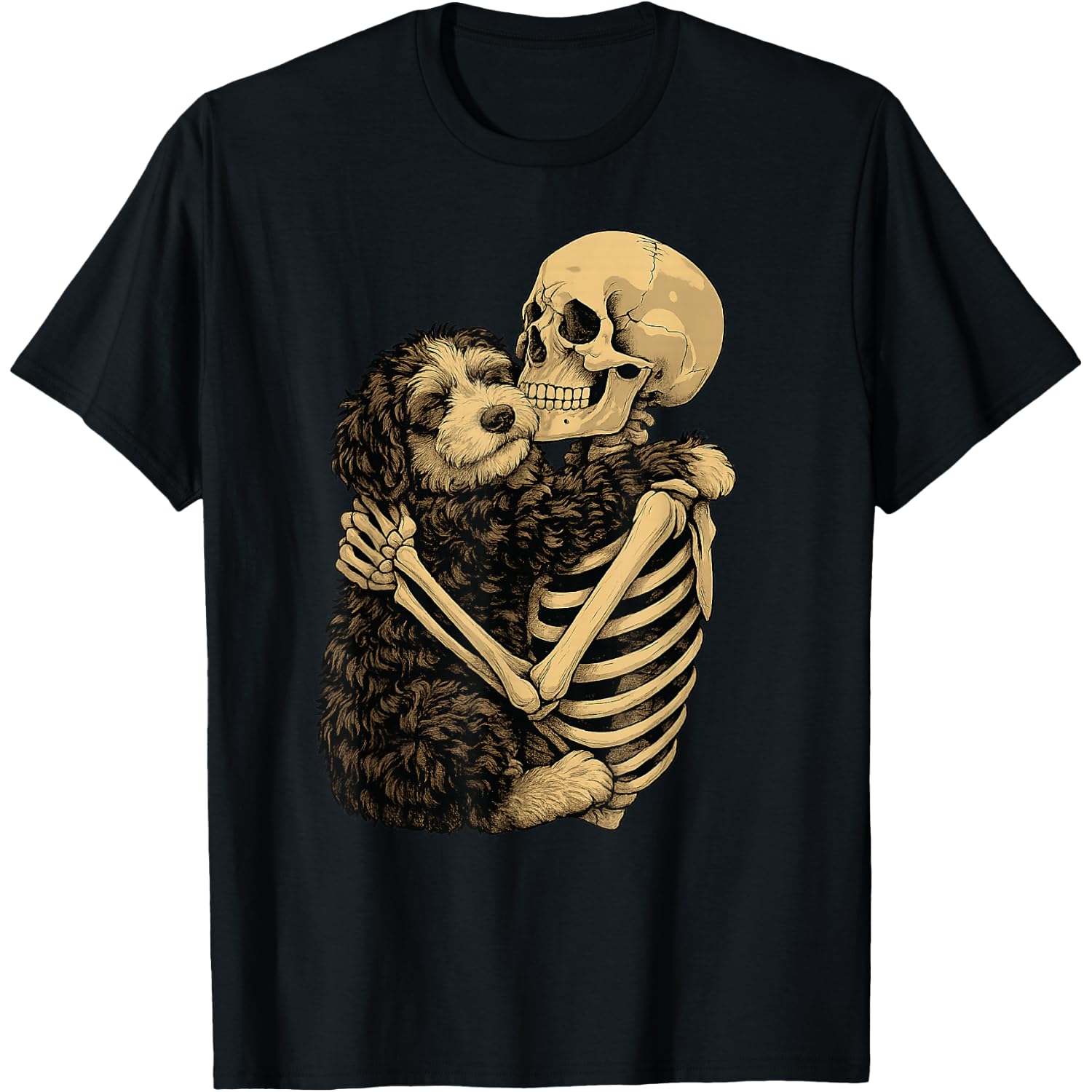 Skeleton Hugging Bernedoodle Dog Halloween T-Shirt