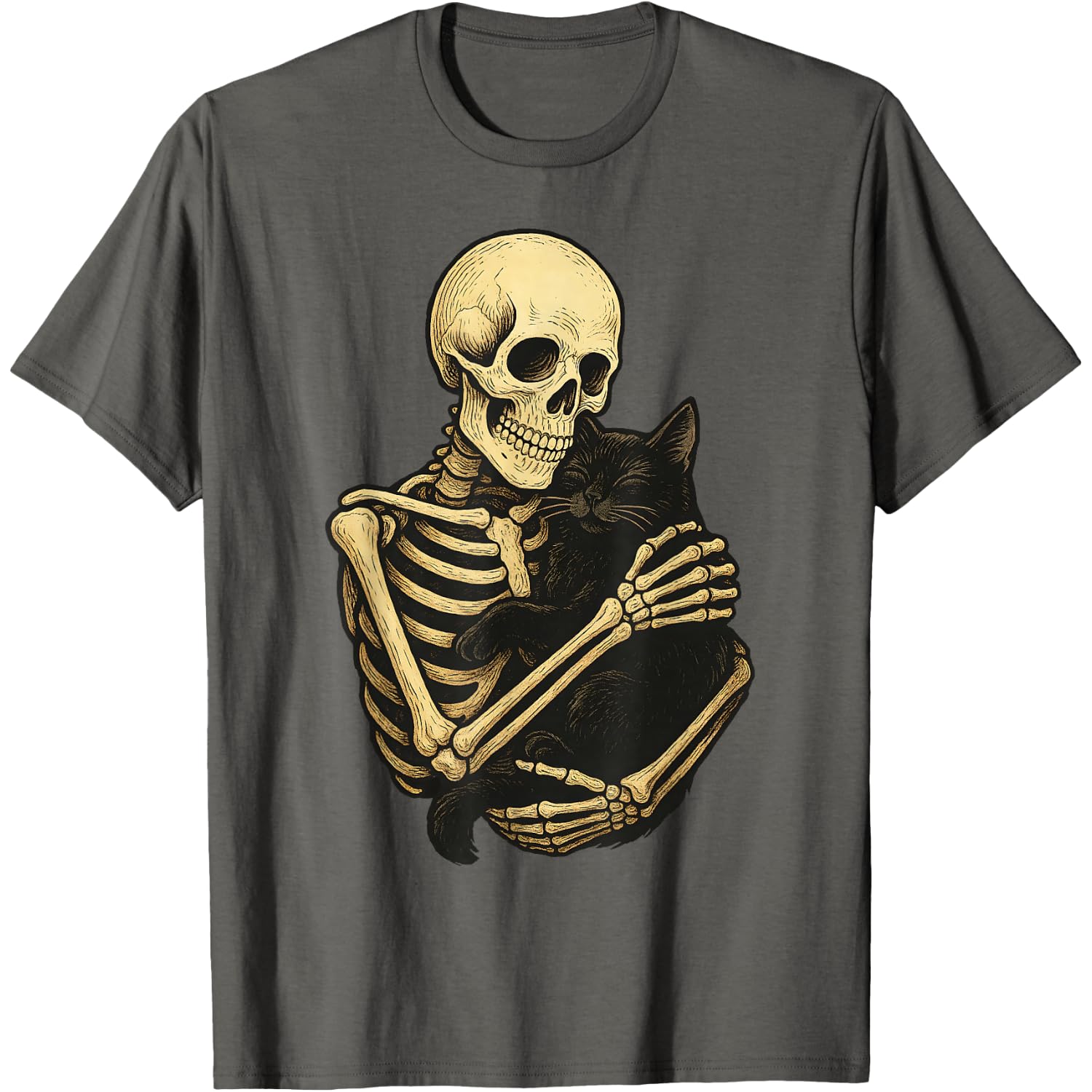 Skeleton Hugging Black Cat Funny Halloween T-Shirt