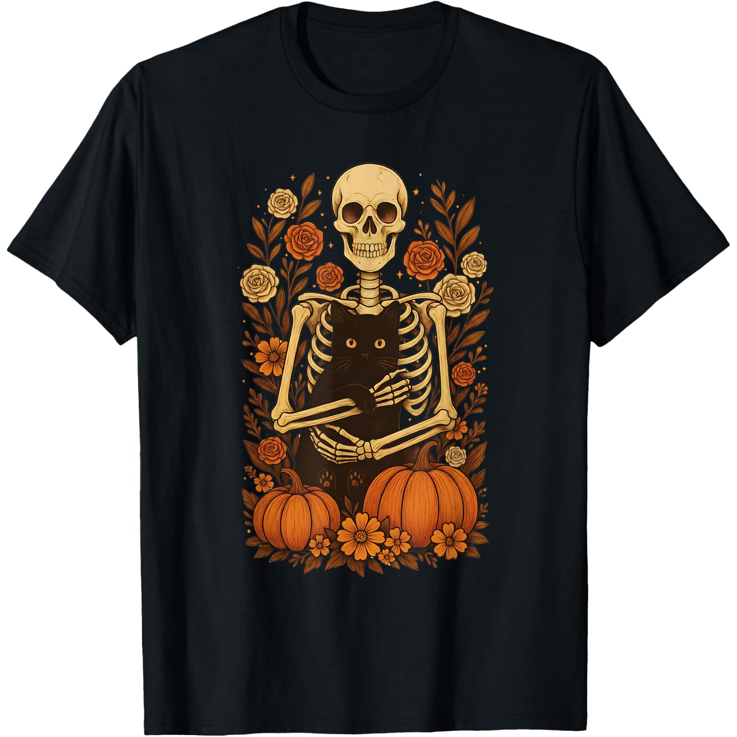 Skeleton Hugging Black Cat with Floral Pumpkins Halloween T-Shirt
