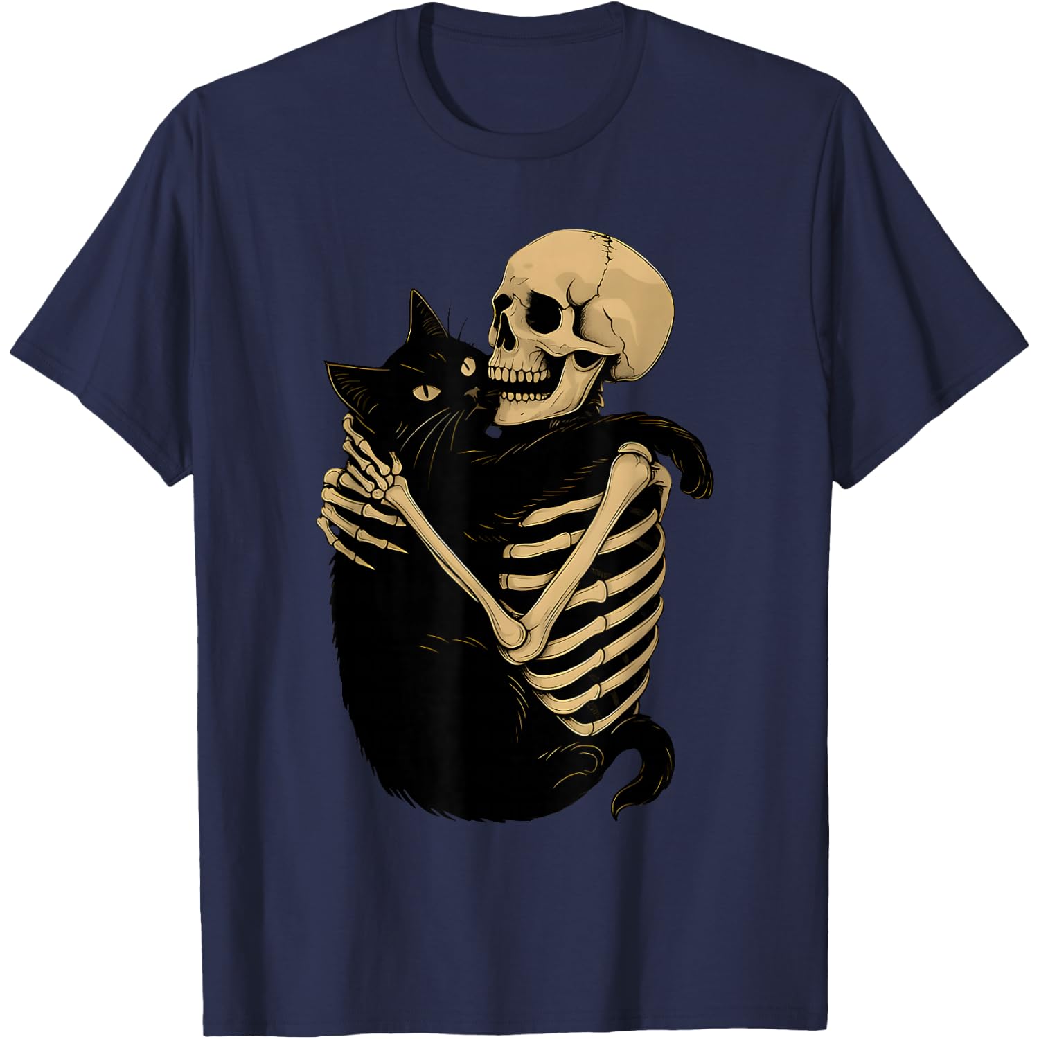 Skeleton Hugging Cat Halloween Black Cat Lover Cat Mom Dad T-Shirt