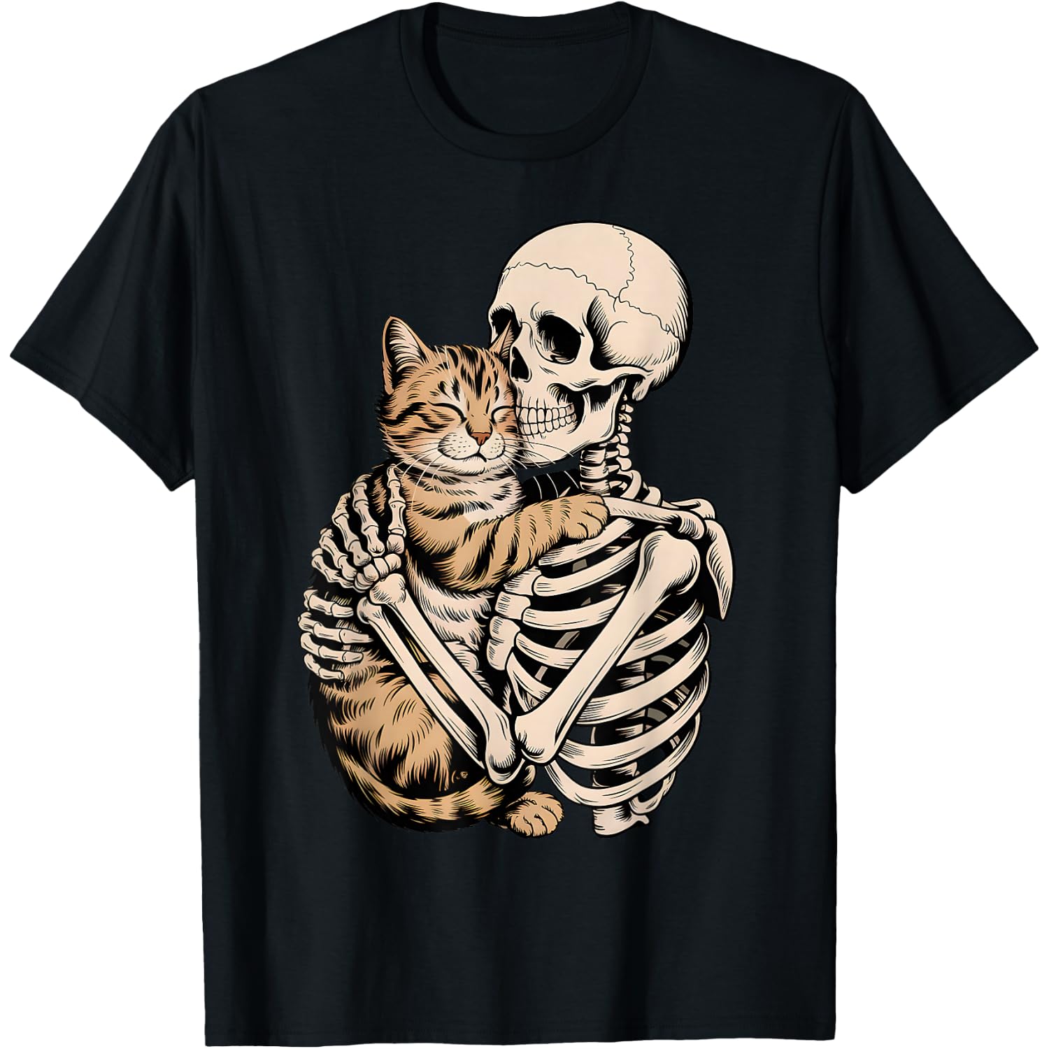 Skeleton Hugging Cat Halloween Cat Lover Men Women Kids T-Shirt
