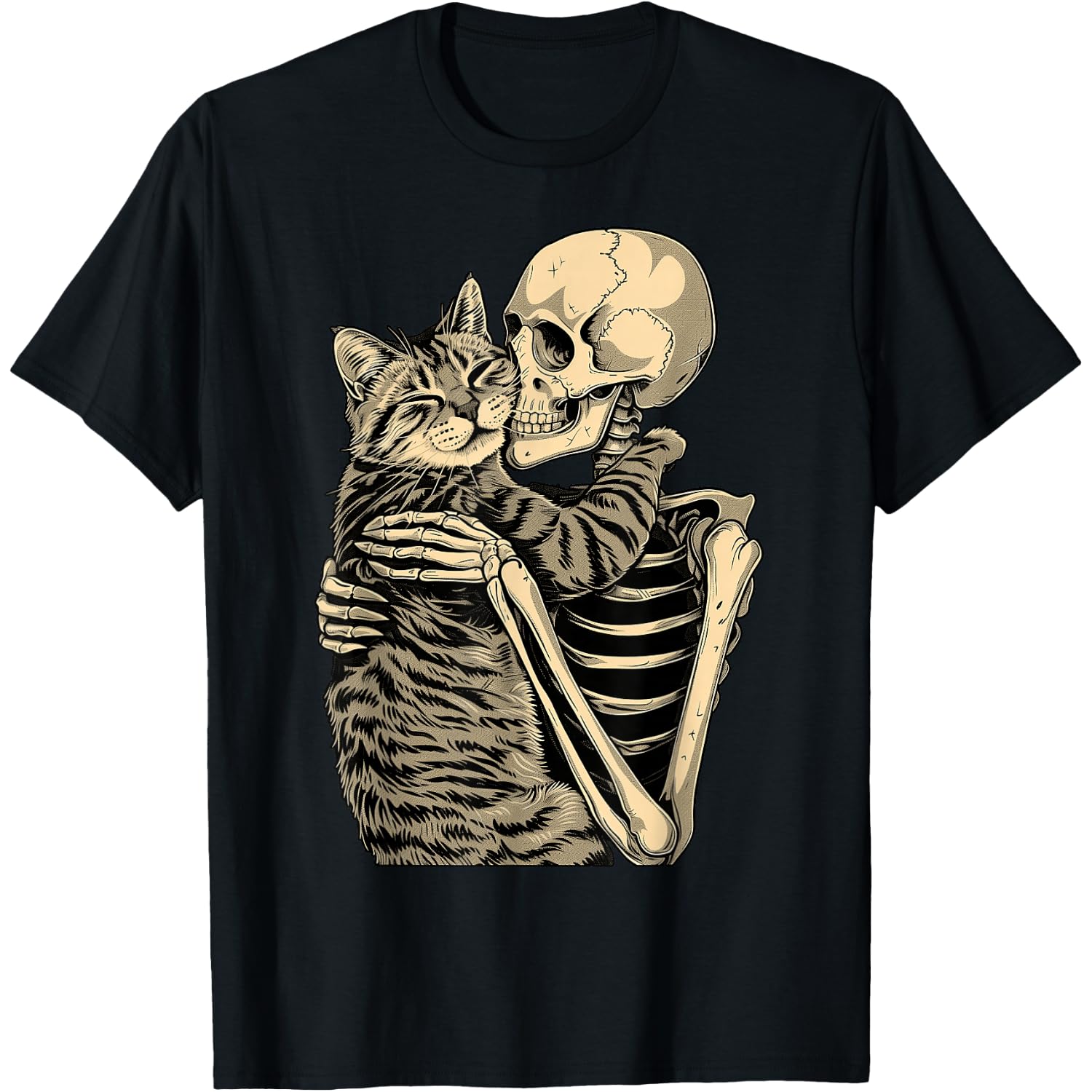 Skeleton Hugging Cat Halloween T-Shirt for Cat Lovers