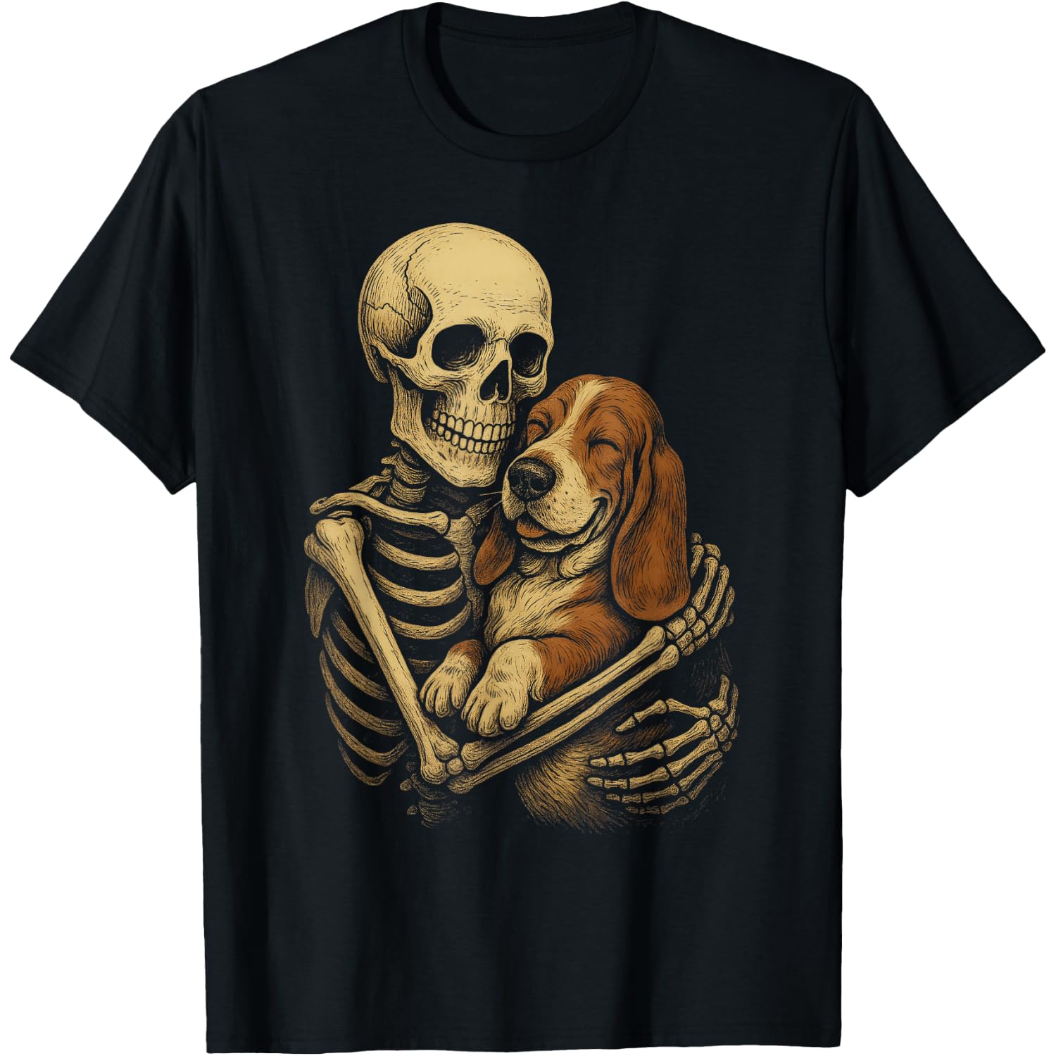 Skeleton Hugging Dog Basset Hound Funny Halloween T-Shirt