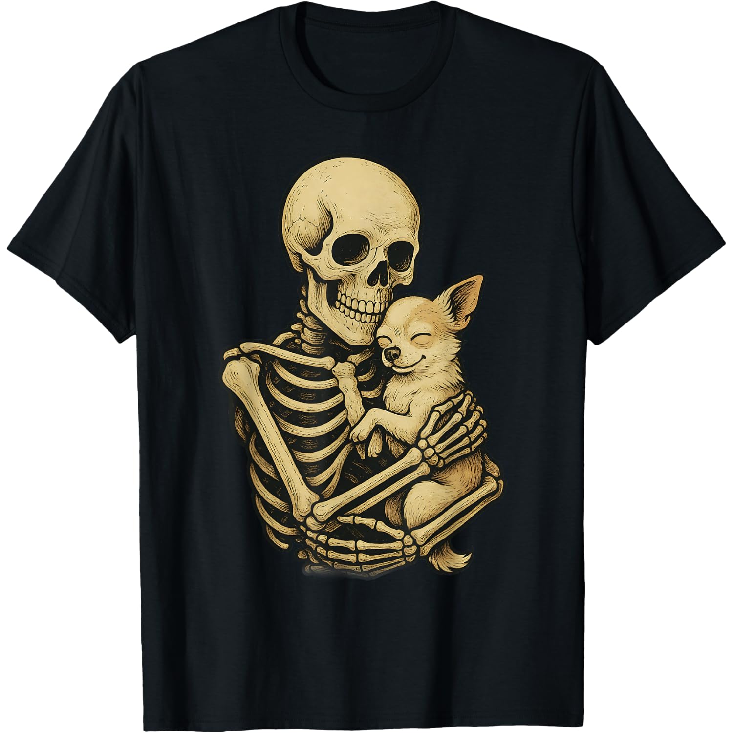 Skeleton Hugging Dog Chihuahua Funny Halloween T-Shirt