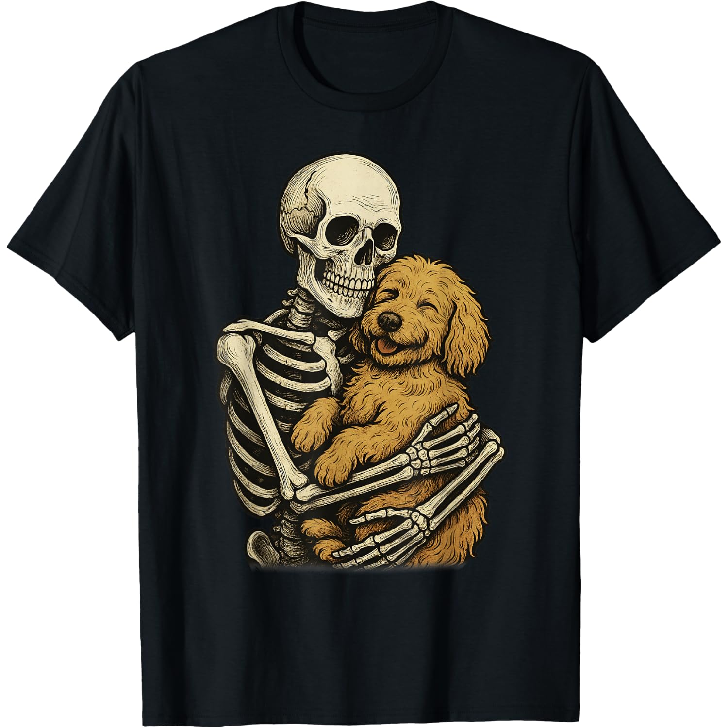 Skeleton Hugging Dog Goldendoodle Funny Halloween T-Shirt