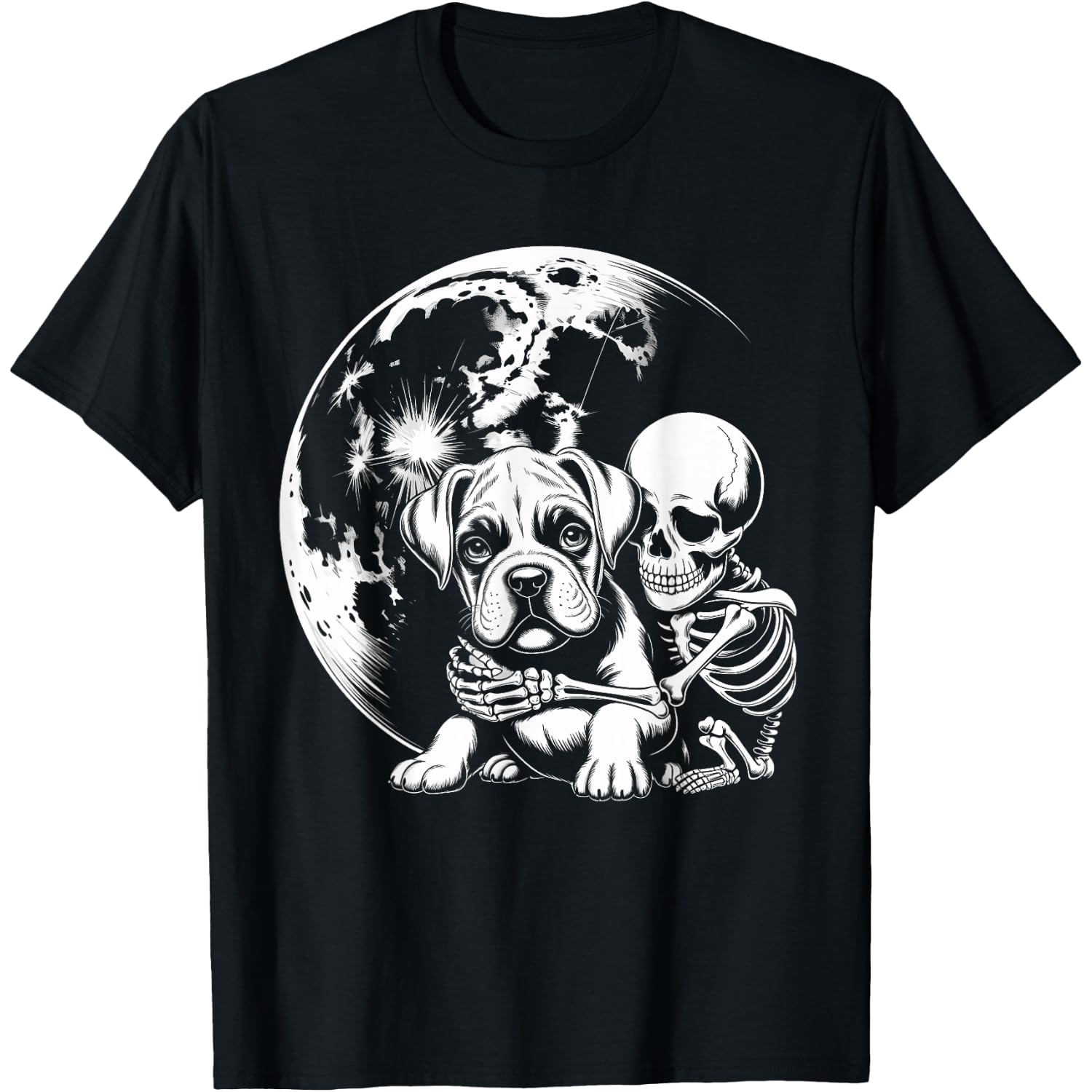 Skeleton Hugging Dog Halloween Boxer Lover Mom Dad T-Shirt