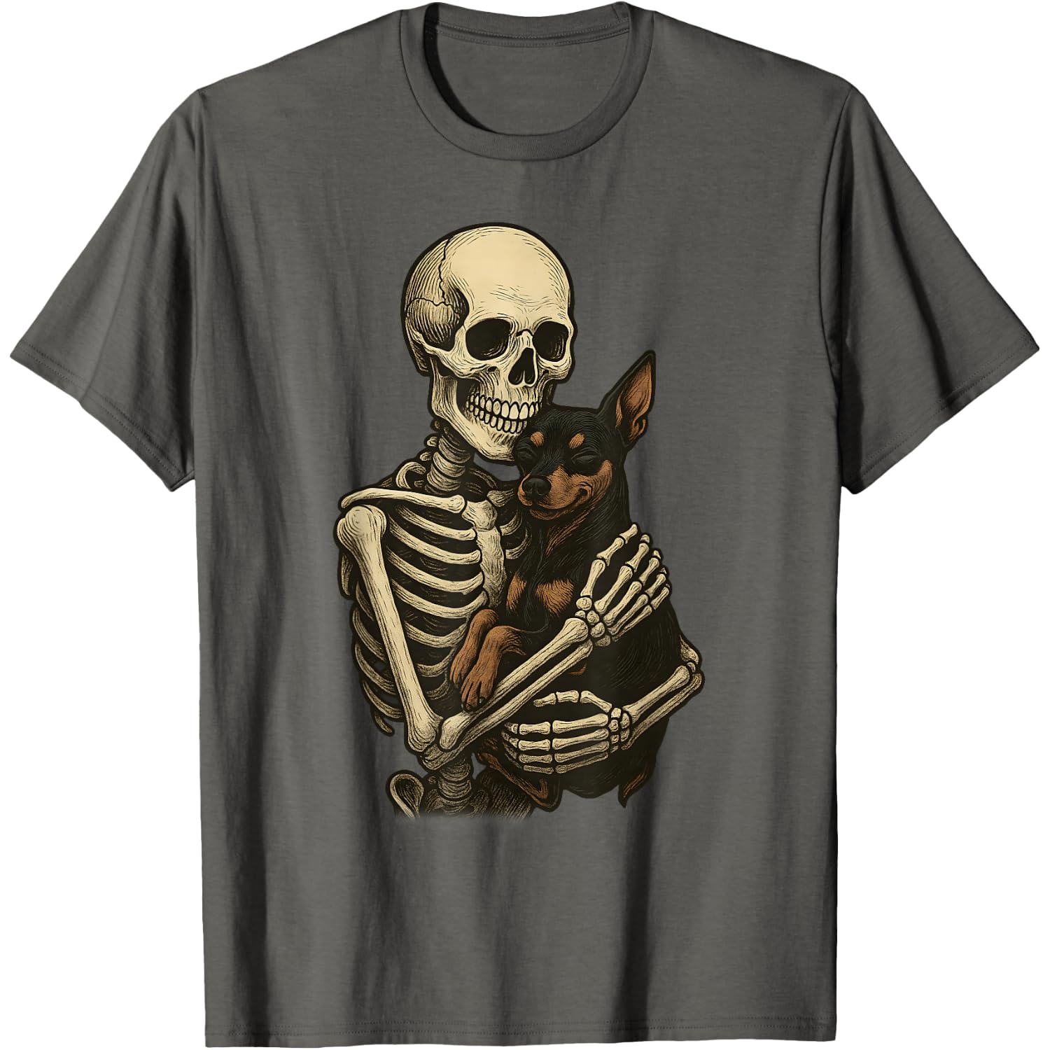 Skeleton Hugging Dog Miniature Pinscher Funny Halloween T-Shirt