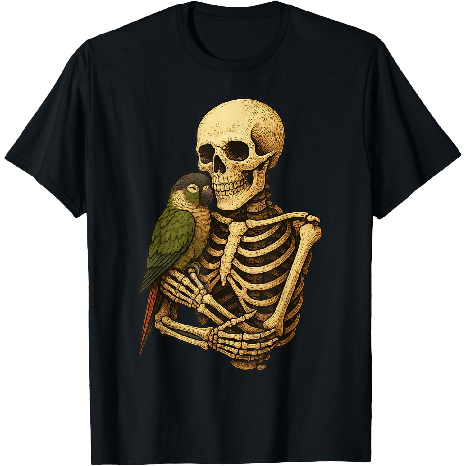 Skeleton Hugging Green Cheek Conure Parrot Funny Halloween T-Shirt