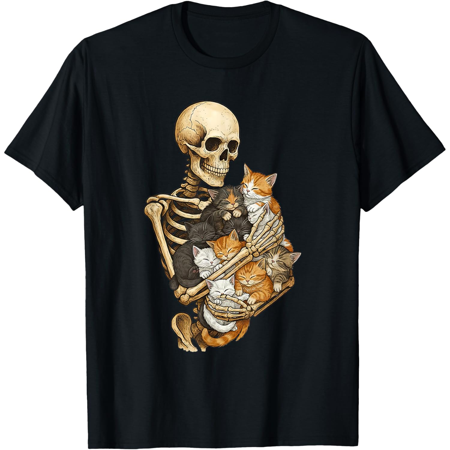 Skeleton Hugging Kittens Halloween Cats Lover Cat Mom Dad T-Shirt