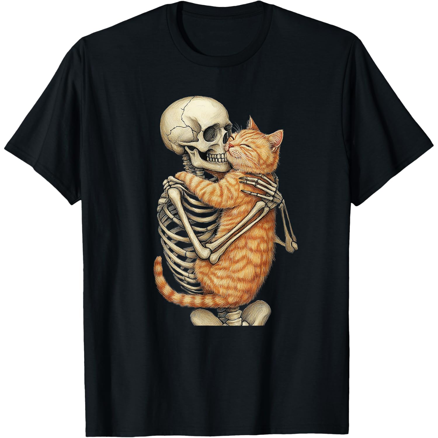 Skeleton Hugging Orange Cat Halloween Cat Lover Vintage T-Shirt