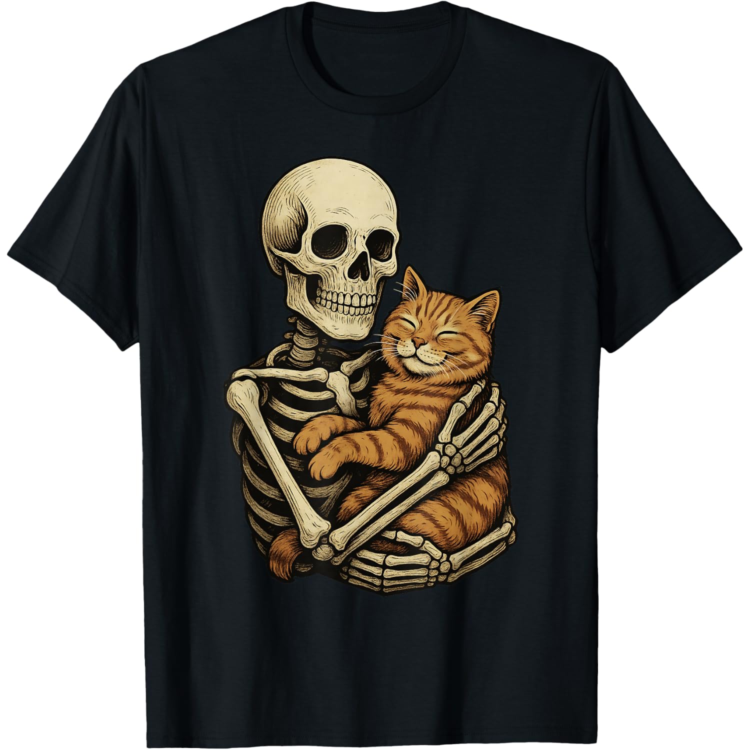 Skeleton Hugging Orange Tabby Cat Funny Halloween T-Shirt