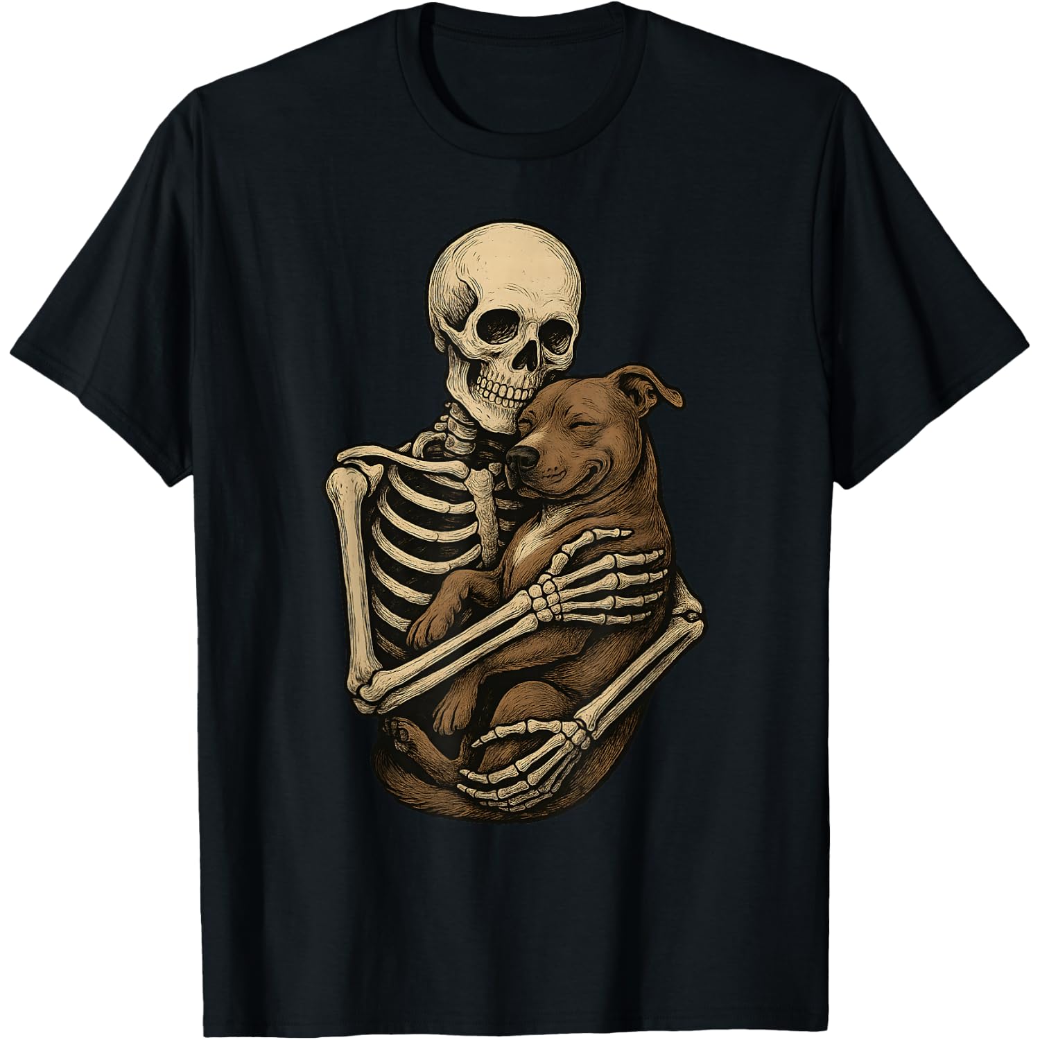 Skeleton Hugging Pittie Dog Pit Bull Funny Halloween T-Shirt