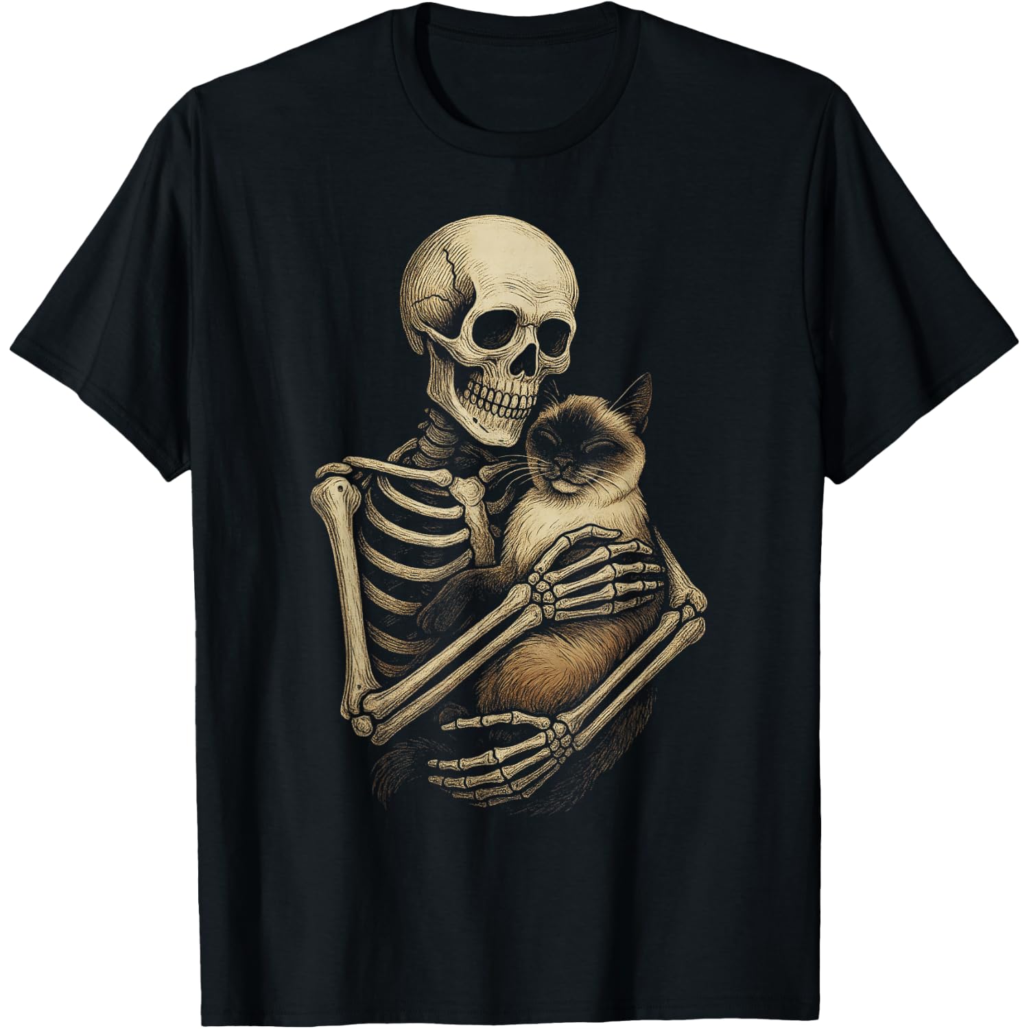 Skeleton Hugging Siamese Cat Funny Halloween T-Shirt