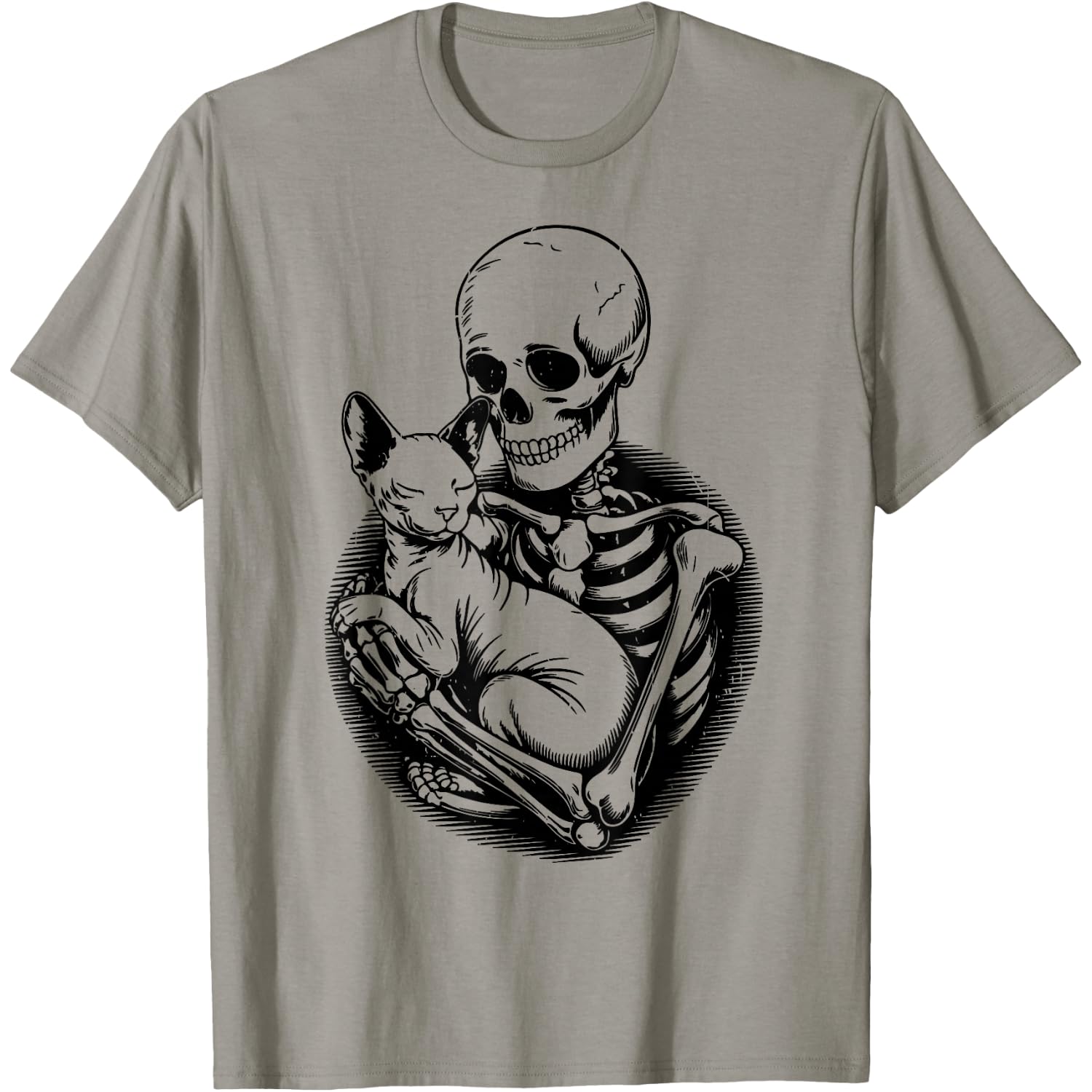Skeleton Hugging Sphynx Cat Halloween Funny Mom Dad Vintage T-Shirt