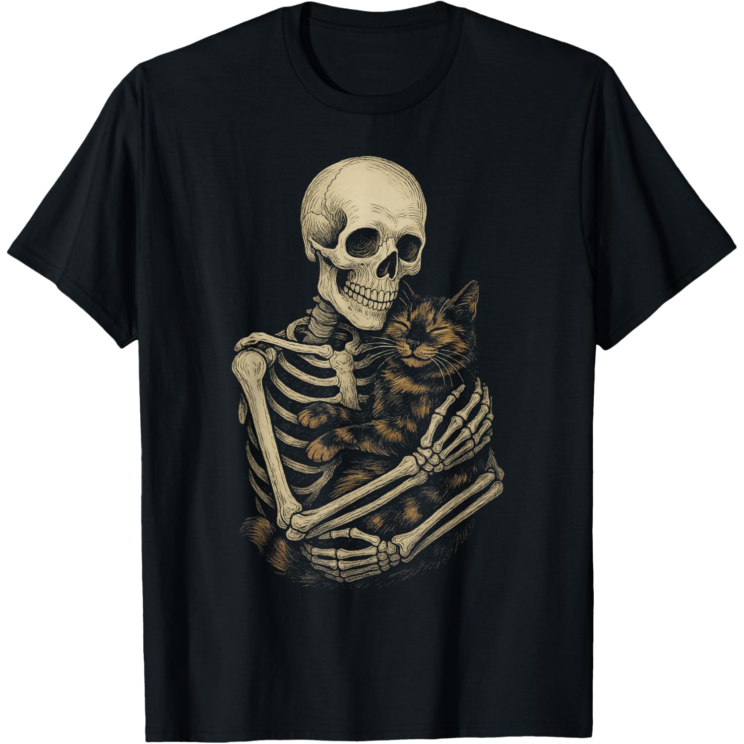 Skeleton Hugging Tortoiseshell Cat Funny Halloween T-Shirt