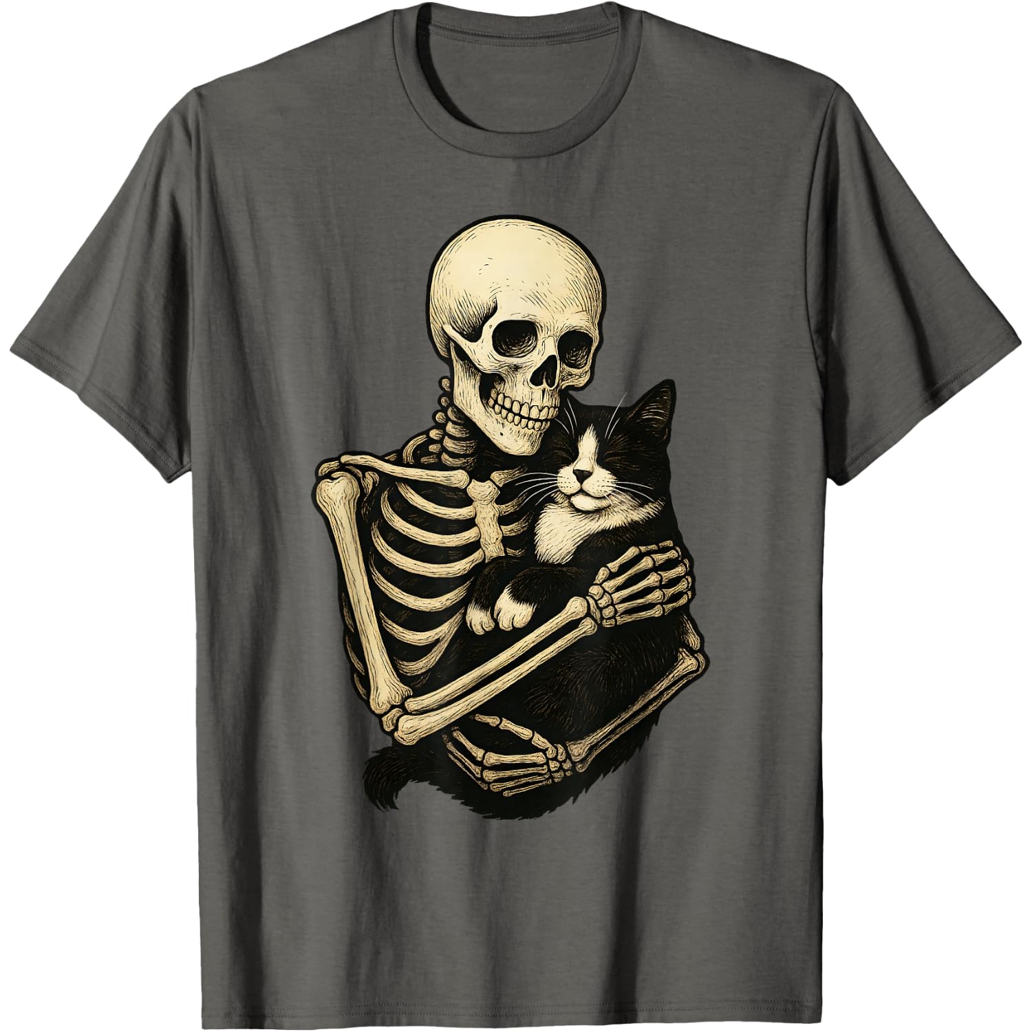 Skeleton Hugging Tuxedo Cat Funny Halloween T-Shirt