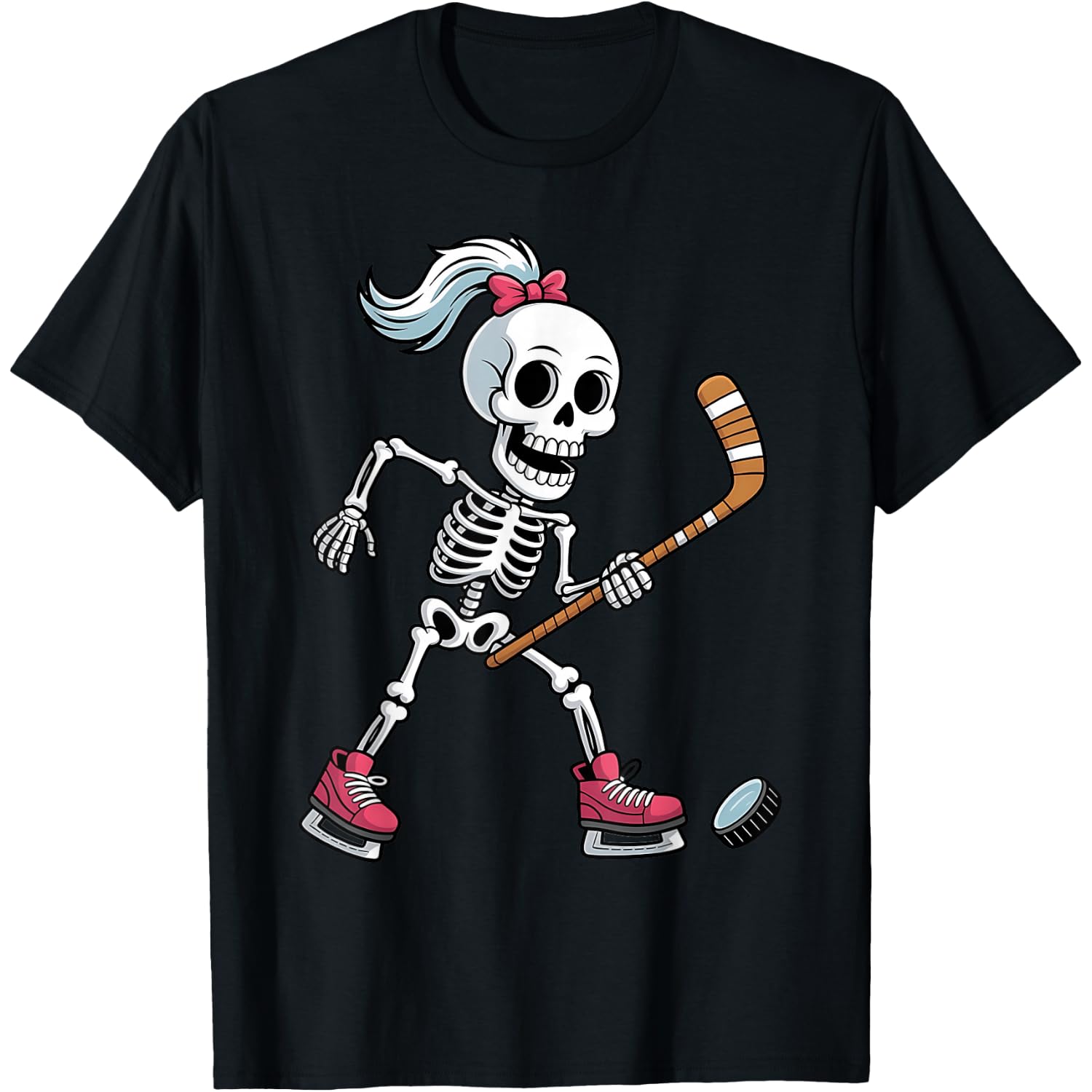 Skeleton Ice Hockey Halloween Costume Funny Women Girls Kids T-Shirt