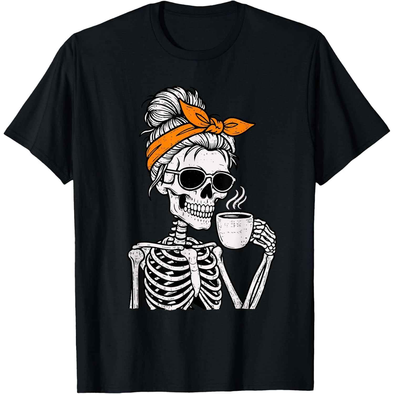 Skeleton Messy Bun Drinking Coffee Halloween Costume Womens T-Shirt