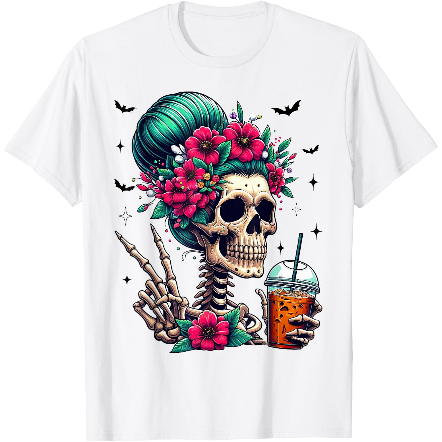 Skeleton Messy Bun Funny Costume Mom Women Halloween T-Shirt