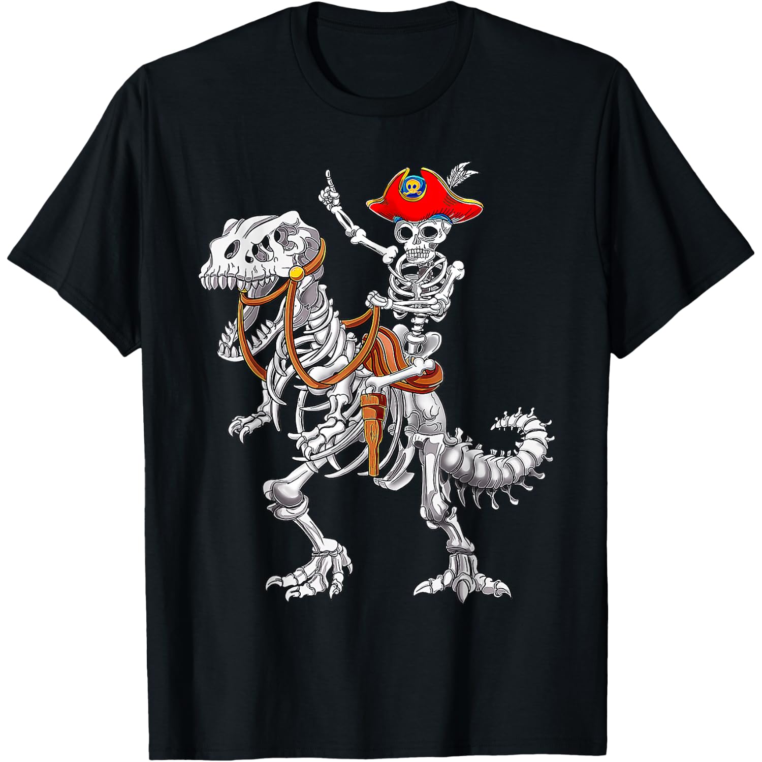 Skeleton Pirate Riding Skeleton Dinosaur Halloween T-Shirt