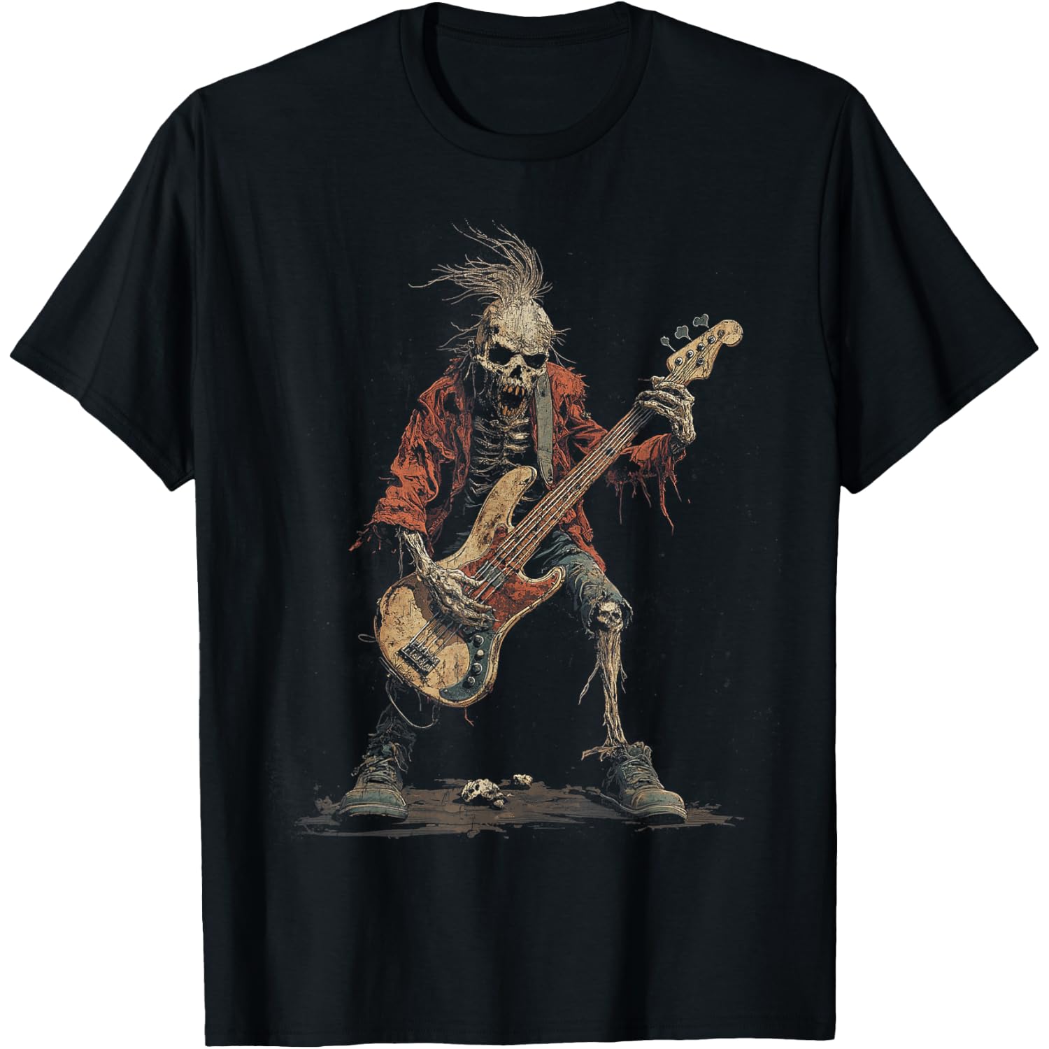Skeleton Punk Rocker Halloween Bass Guitar Rock N Roll T-Shirt