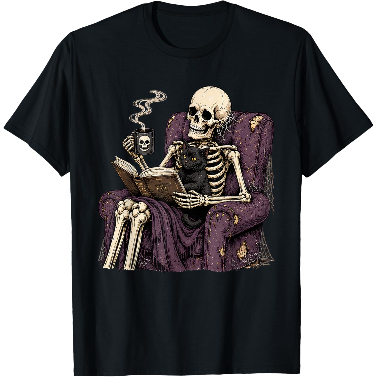 Skeleton Reading with Black Cat Funny Halloween Gothic T-Shirt