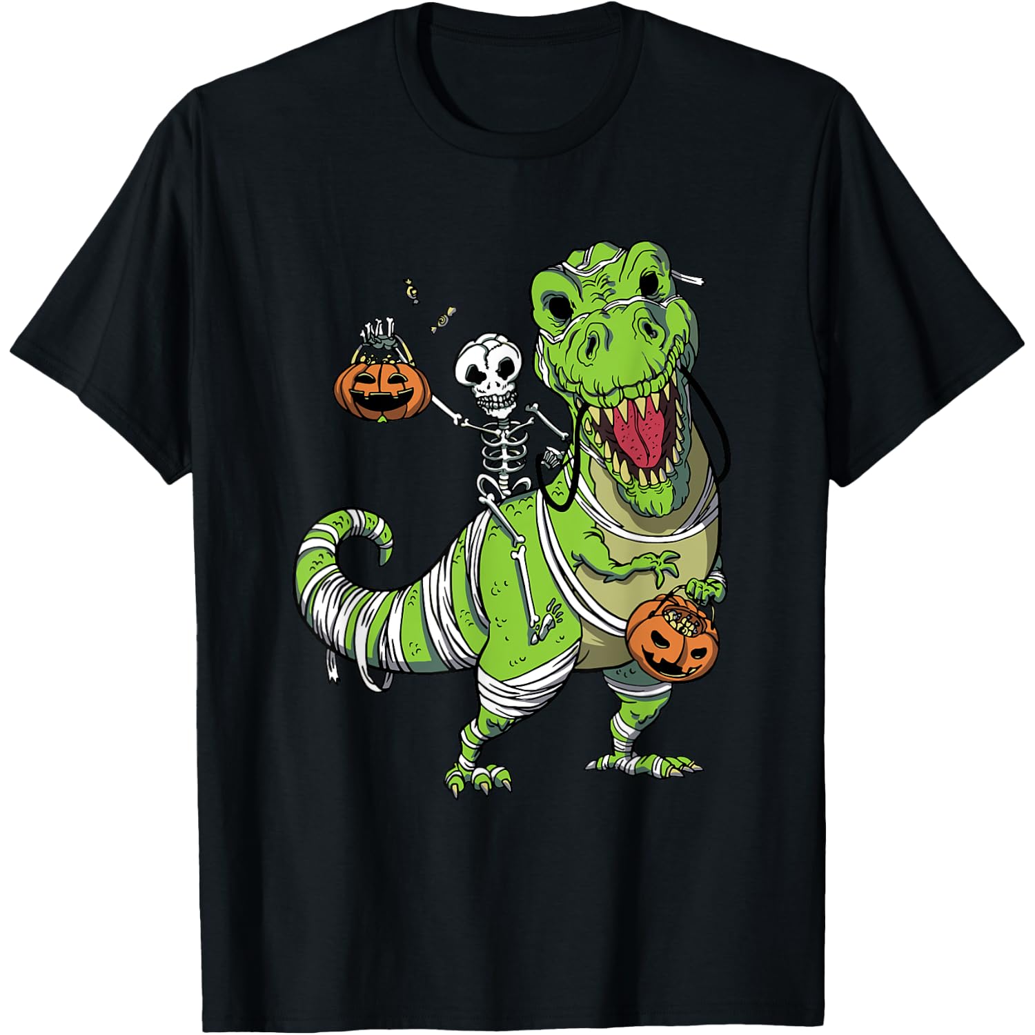 Skeleton Riding Dinosaur Lazy Halloween Costume Funny T-Rex T-Shirt