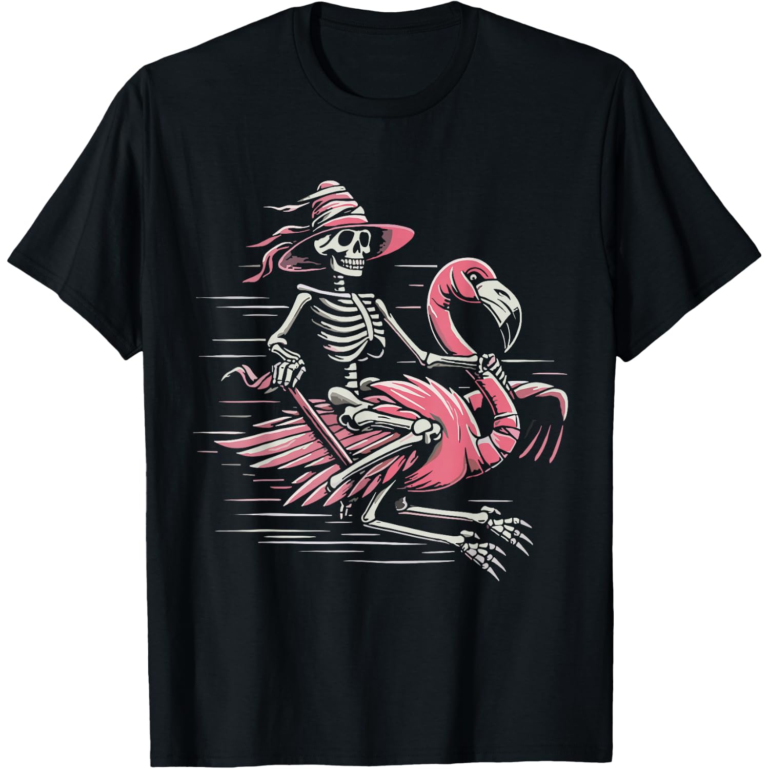 Skeleton Riding Flamingo Tropical Halloween Spooky Summer T-Shirt