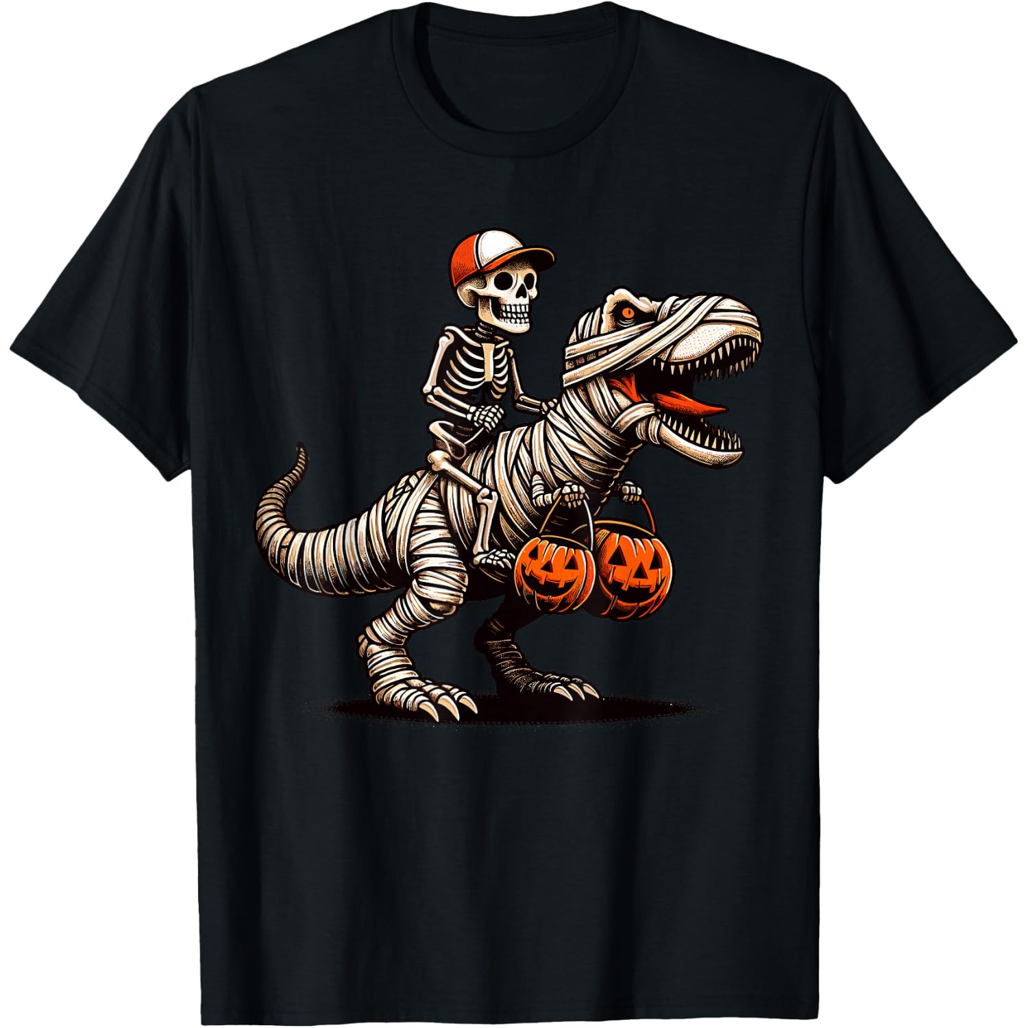 Skeleton Riding Mummy Dinosaur Pumpkin Halloween T-Shirt