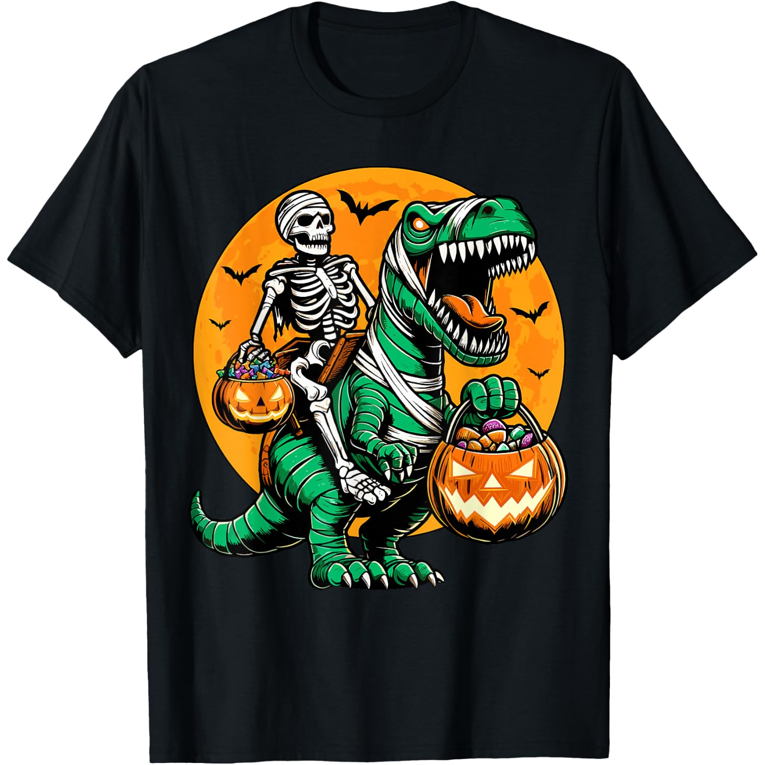 Skeleton Riding Mummy Dinosaur Pumpkin Spooky Trex Halloween T-Shirt