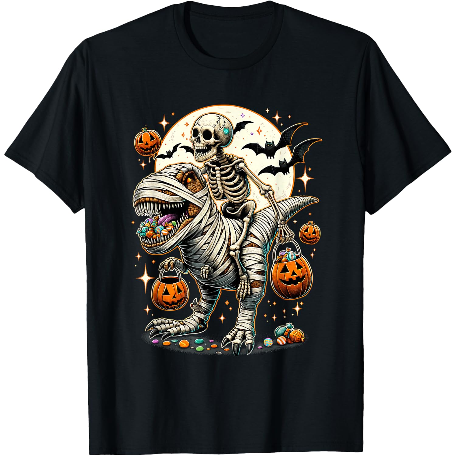 Skeleton Riding Mummy Dinosaur T Rex Kids Boys Men Halloween T-Shirt