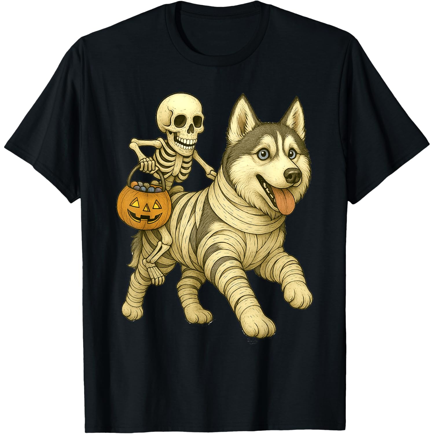 Skeleton Riding Mummy Siberian Husky Dog Halloween Funny T-Shirt