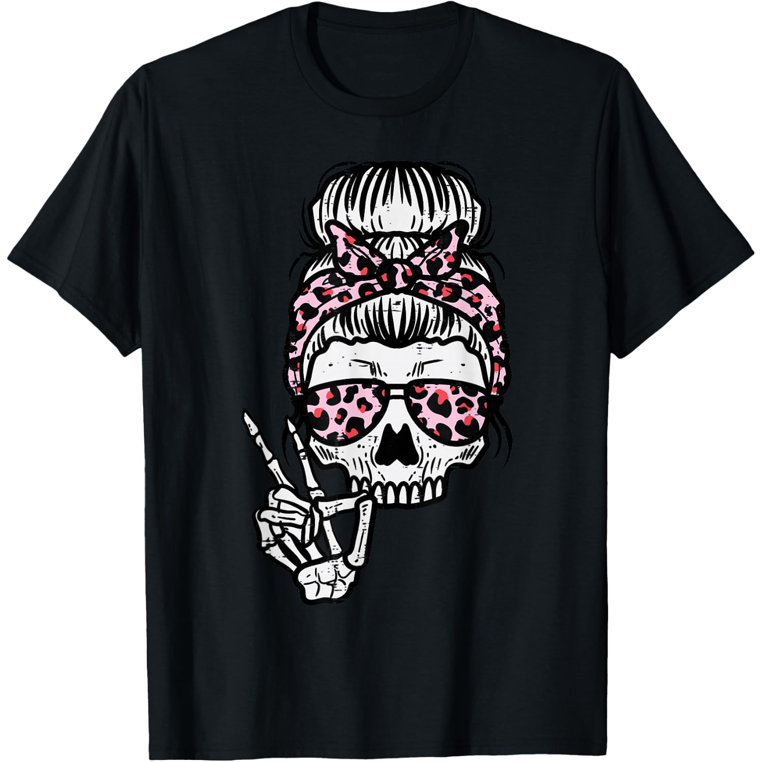 Skeleton Skull Hairbun Leopard Halloween Costume Women Mom T-Shirt