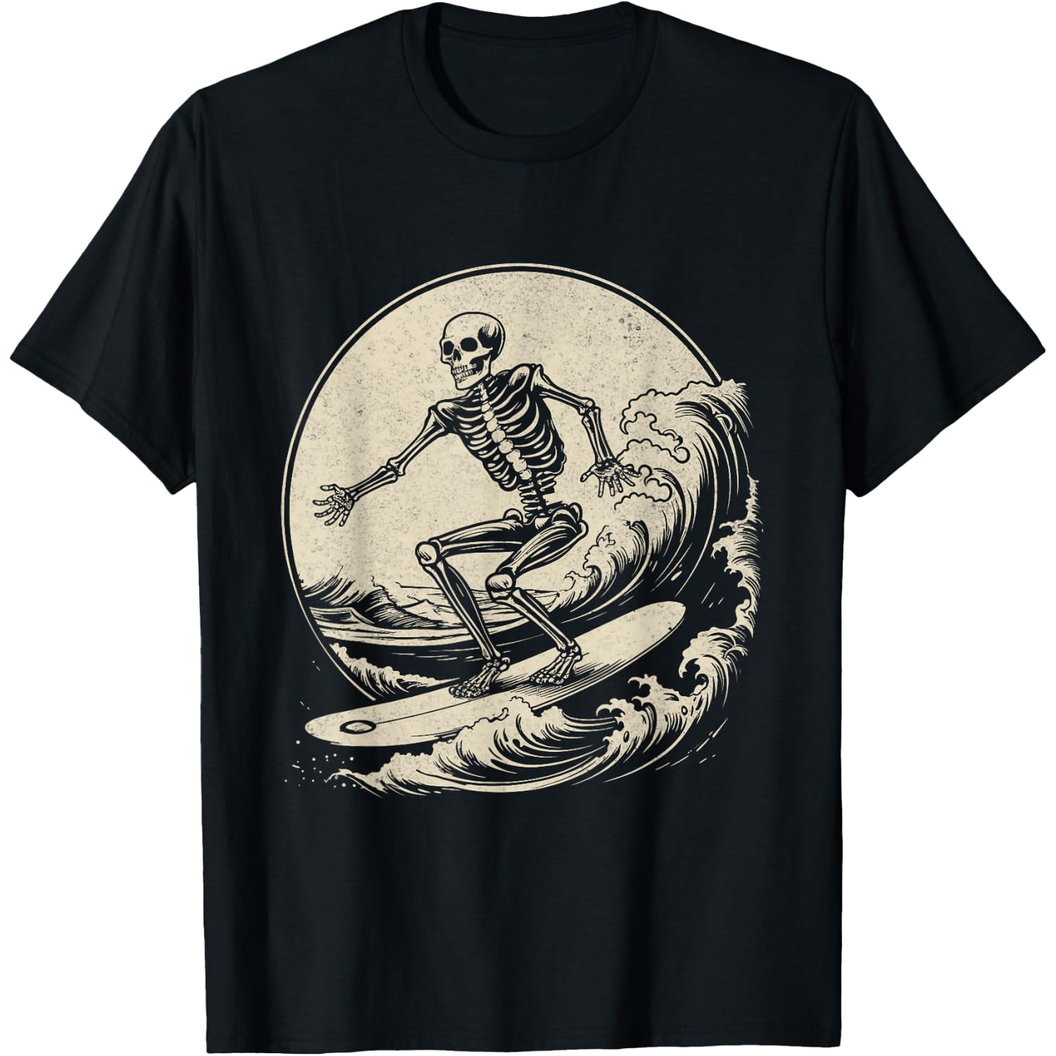 Skeleton Surfer Vintage Big Wave Surfing Funny Halloween T-Shirt