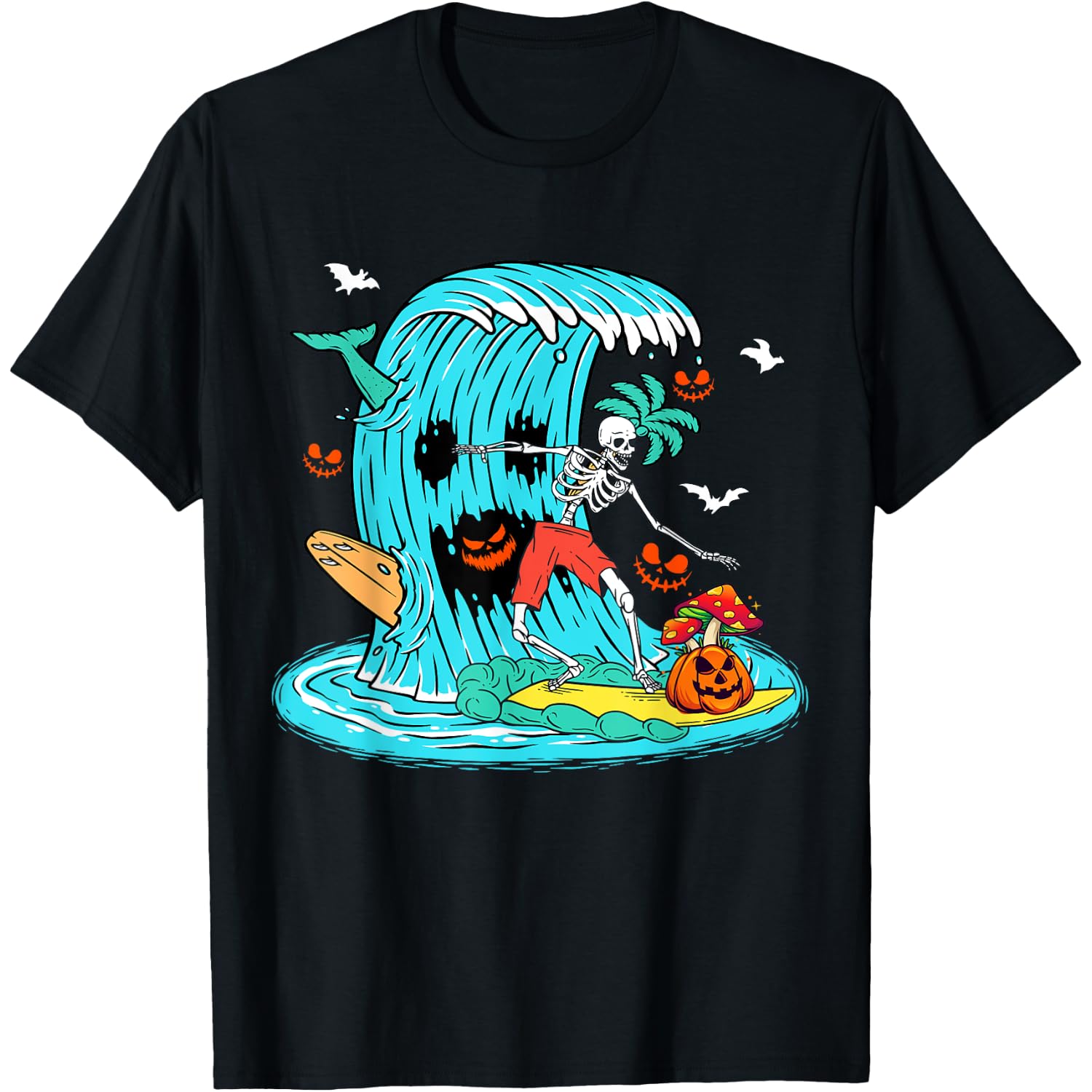 Skeleton Surfing Hawaiian Halloween Surfer Horror Pumpkin T-Shirt