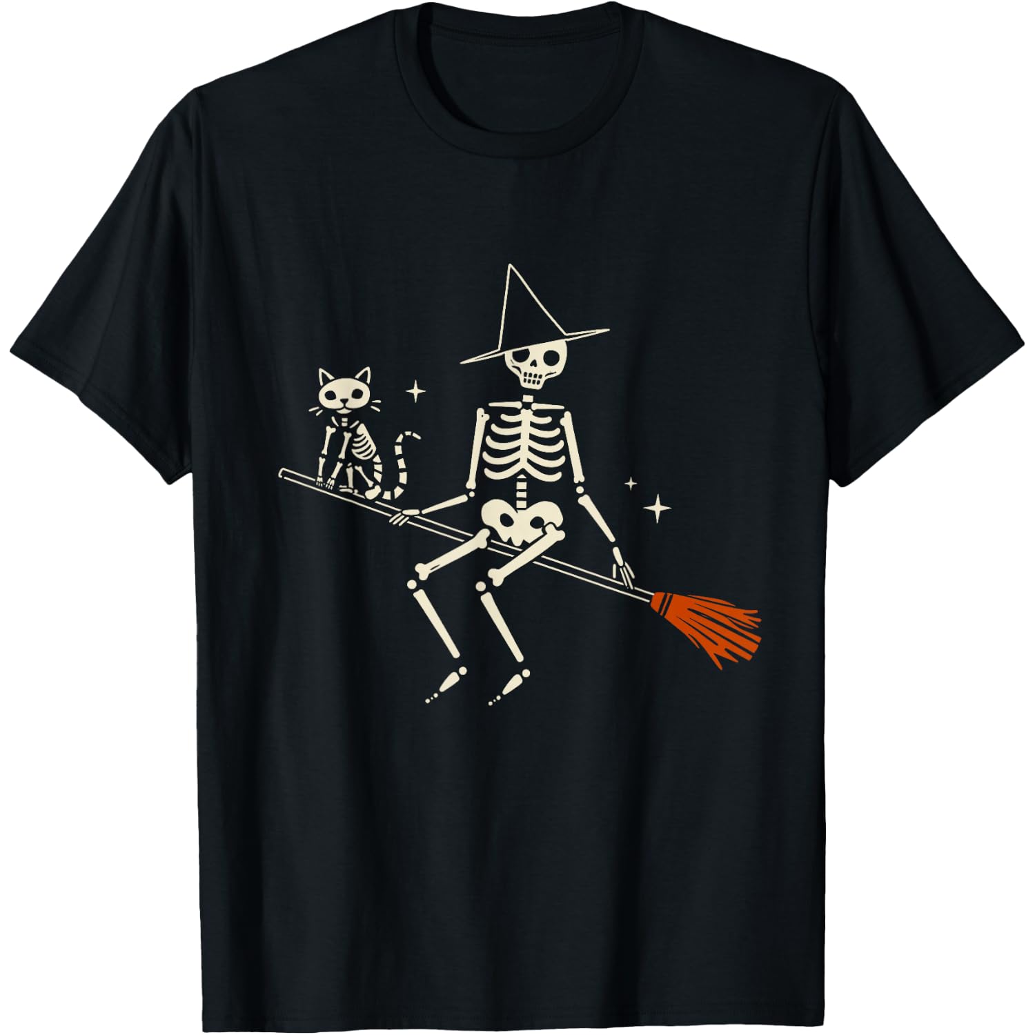 Skeleton Witch Cat Broomstick Cute Halloween Graphic T-Shirt