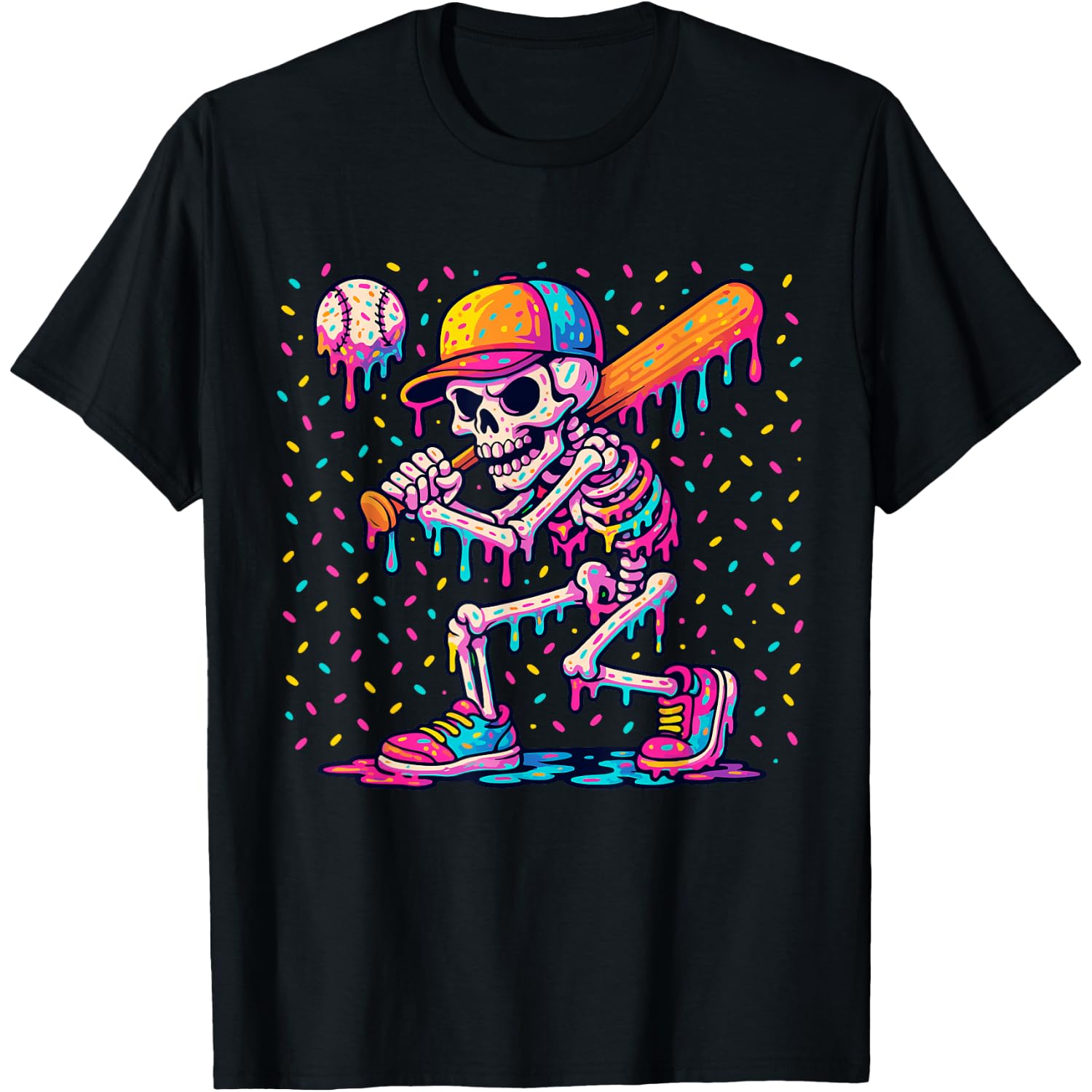 Skelton Playing Baseball Halloween Baseball Drip Boys Kids T-Shirt